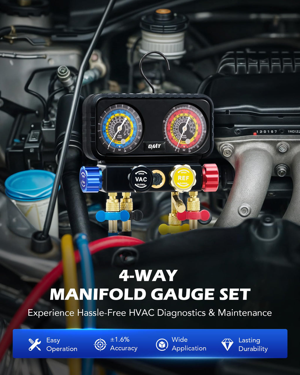 Orion Motor Tech AC Gauges, 3 Way Manifold Gauge Set for R1234yf R404a R134a Refrigerant, Automotive Gauge Set with Hoses Quick Couplers Self Sealing Can Taps for Car Freon Charging & Evacuation