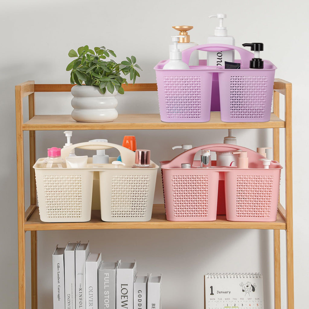 UUJOLY Plastic Portable Shower Caddy Basket Bucket, Cleaning Shower Basket with Handle Compartments Storage Basket Organizer for Bathroom Kitchen College Dorm Sink, Beige