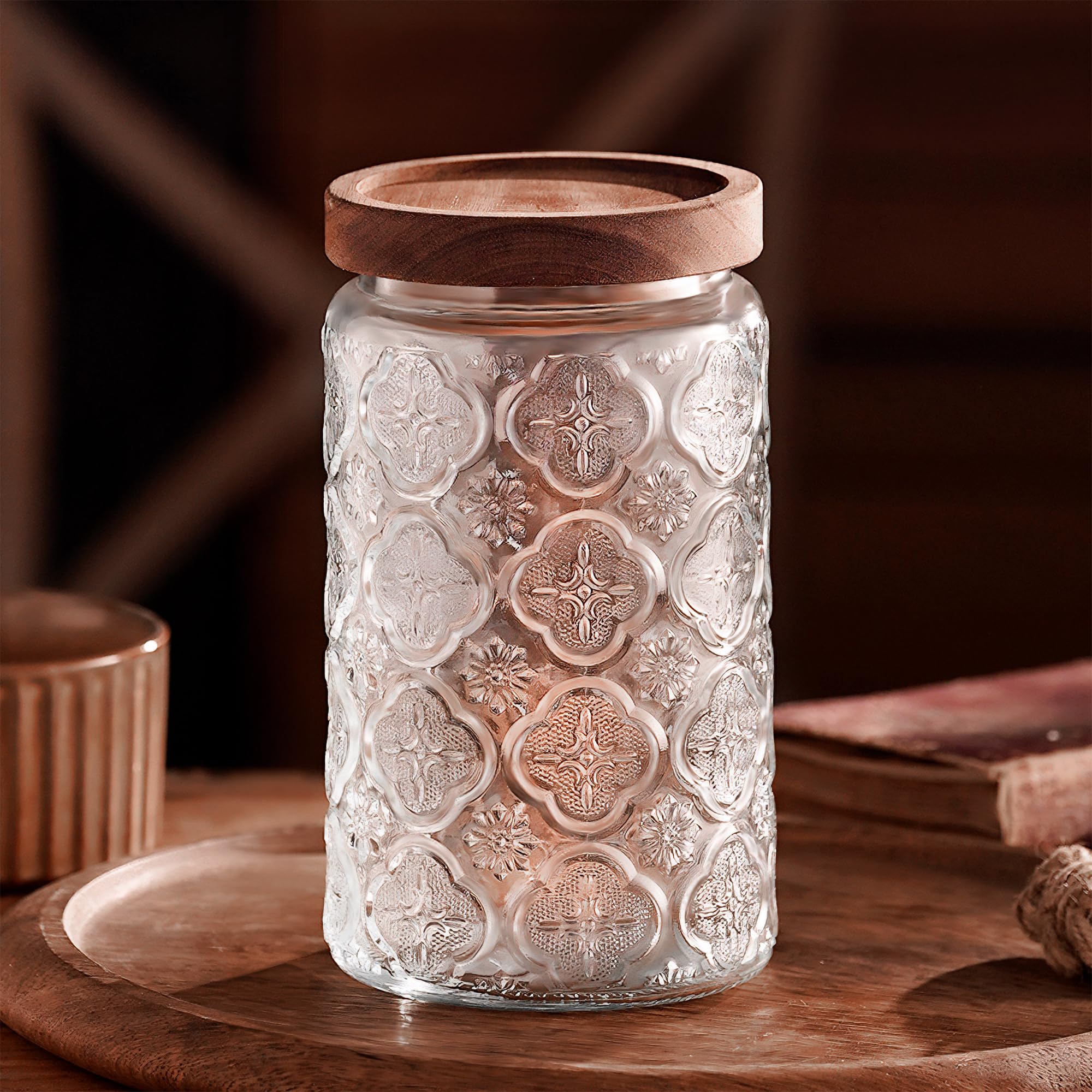 Custde Glass Storage Jars With Airtight Lid, 23.7oz Container For Kitchen Counter with Wooden Lid, brown sugar, candy, coffee, cookie, salt, tea, cute Jar (35oz Large Begonia Flowers)