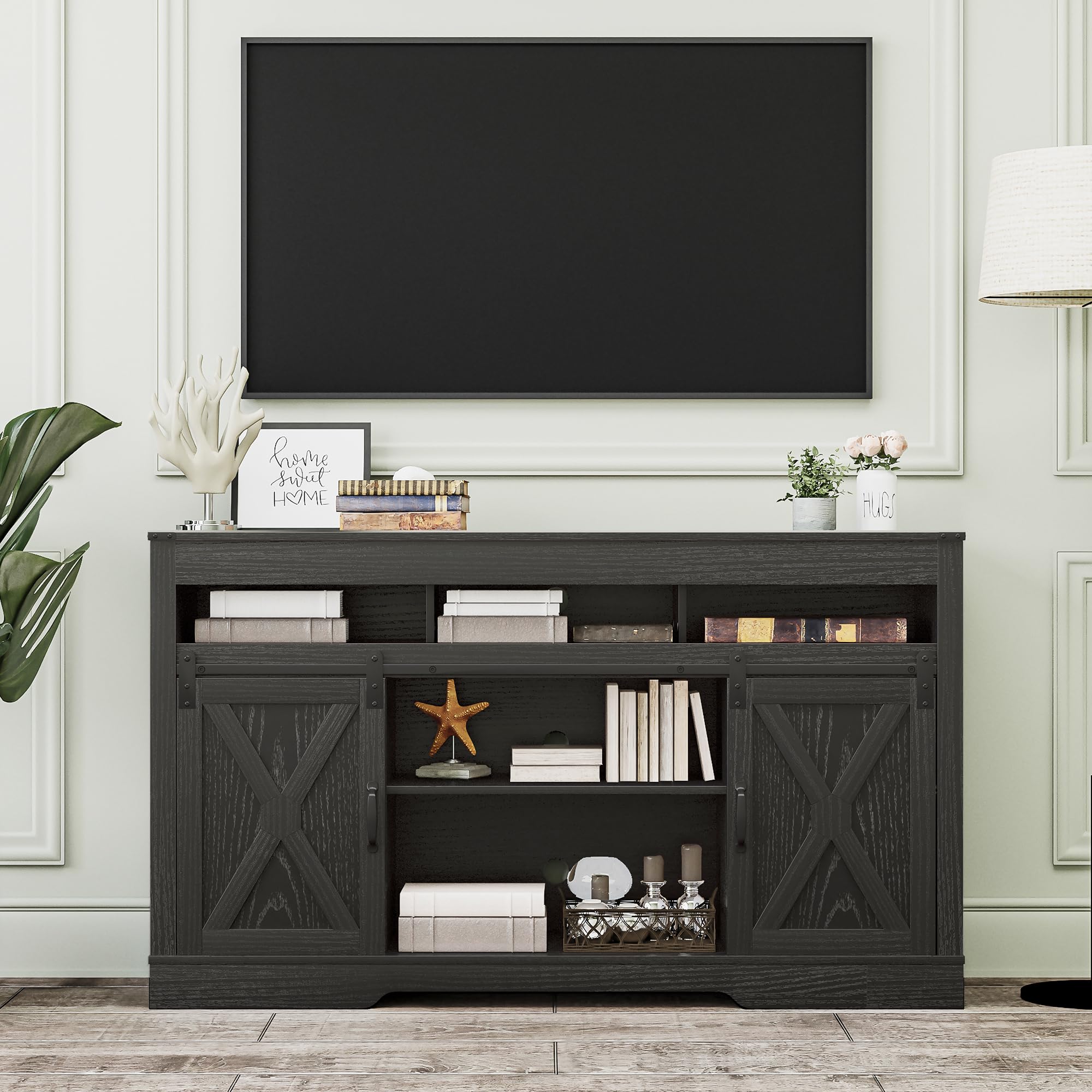 FansaFurn Farmhouse TV Stand for 65+ Inch TV, 34'' Tall Entertainment Center with Sliding Barn Doors, Rustic Wood Media Console Storage Cabinet Television Stand for Living Room, Bedroom (Black)