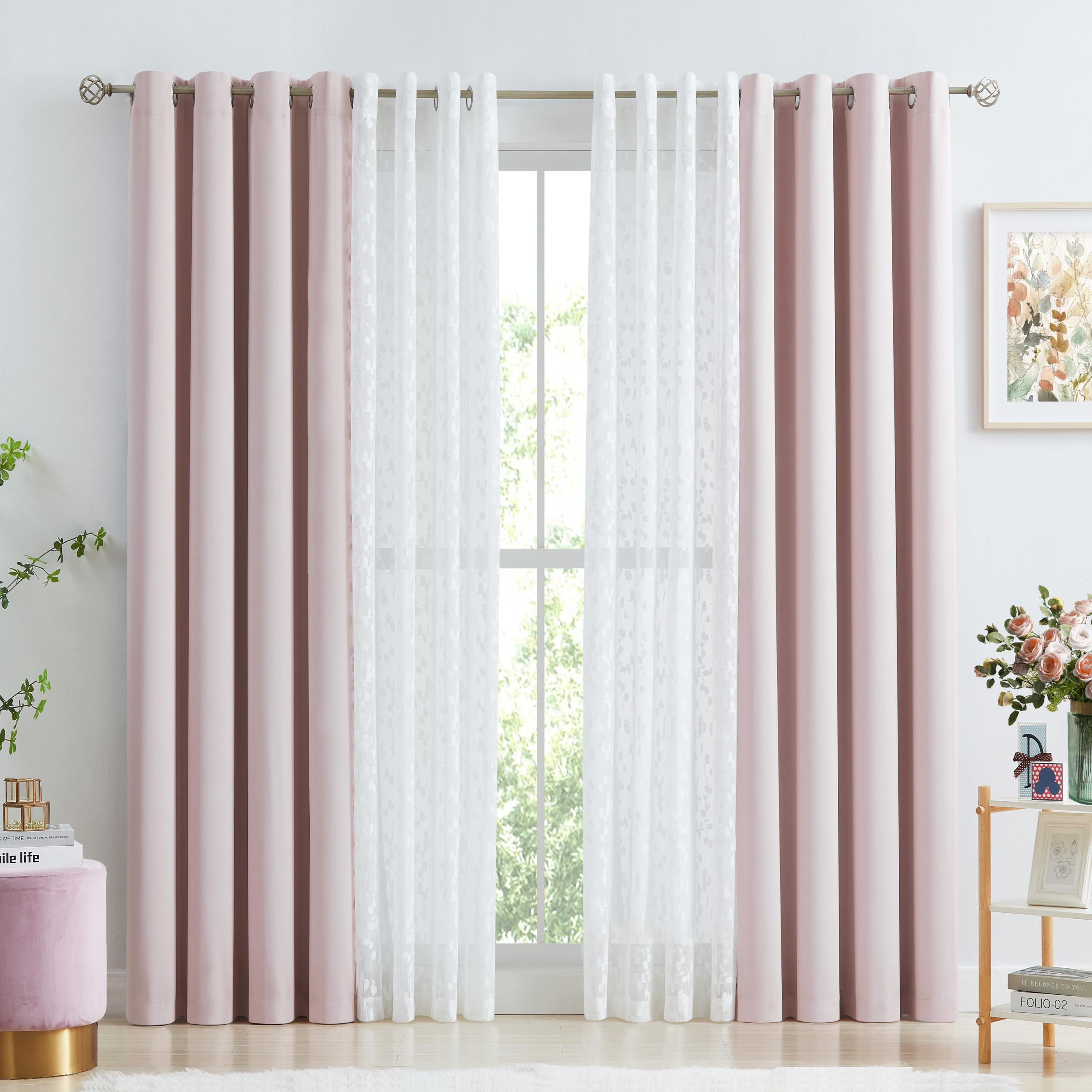Jubilantex Full Blackout Curtains + Leaf Sheer Window Panels, Beige Mix and Match Style Double Layer Window Treatment Sets for Bedroom Living Room, 4 Panels 52" W x 63" L, Beige and White