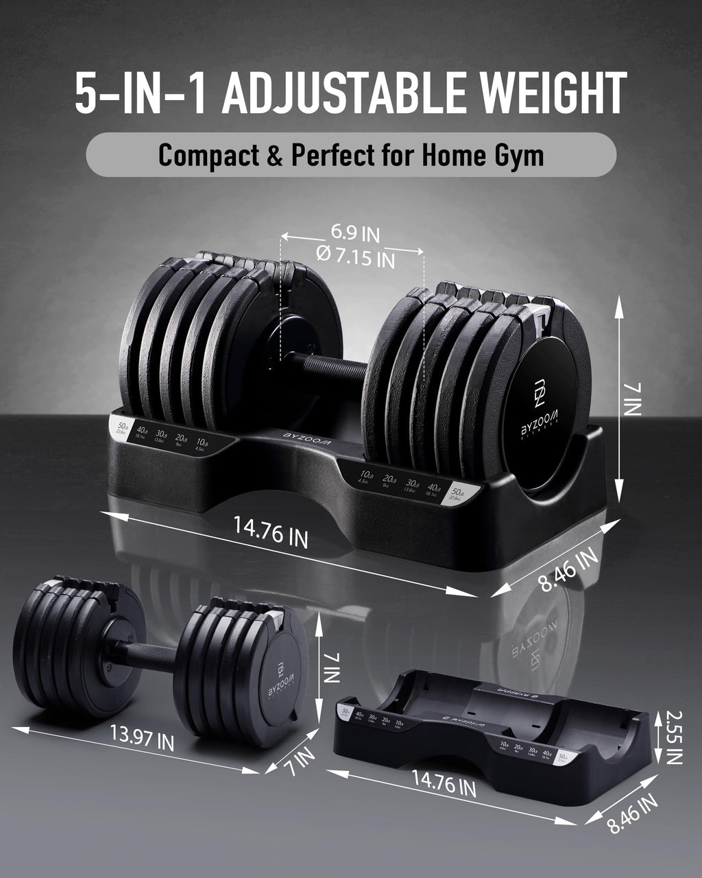 BYZOOM FITNESS Pure Series Adjustable Dumbbell - 12.5/25/27.5/50/55/75lb - ONE UNIT OR PAIR(check QTY before purchase) - 5-in-1/ 10-in-1 / 15-in-1 / 21-in-1 Flexible Hand Weights for Home Apartment Garage Gym, Strength Training & Fitness Workouts, White O