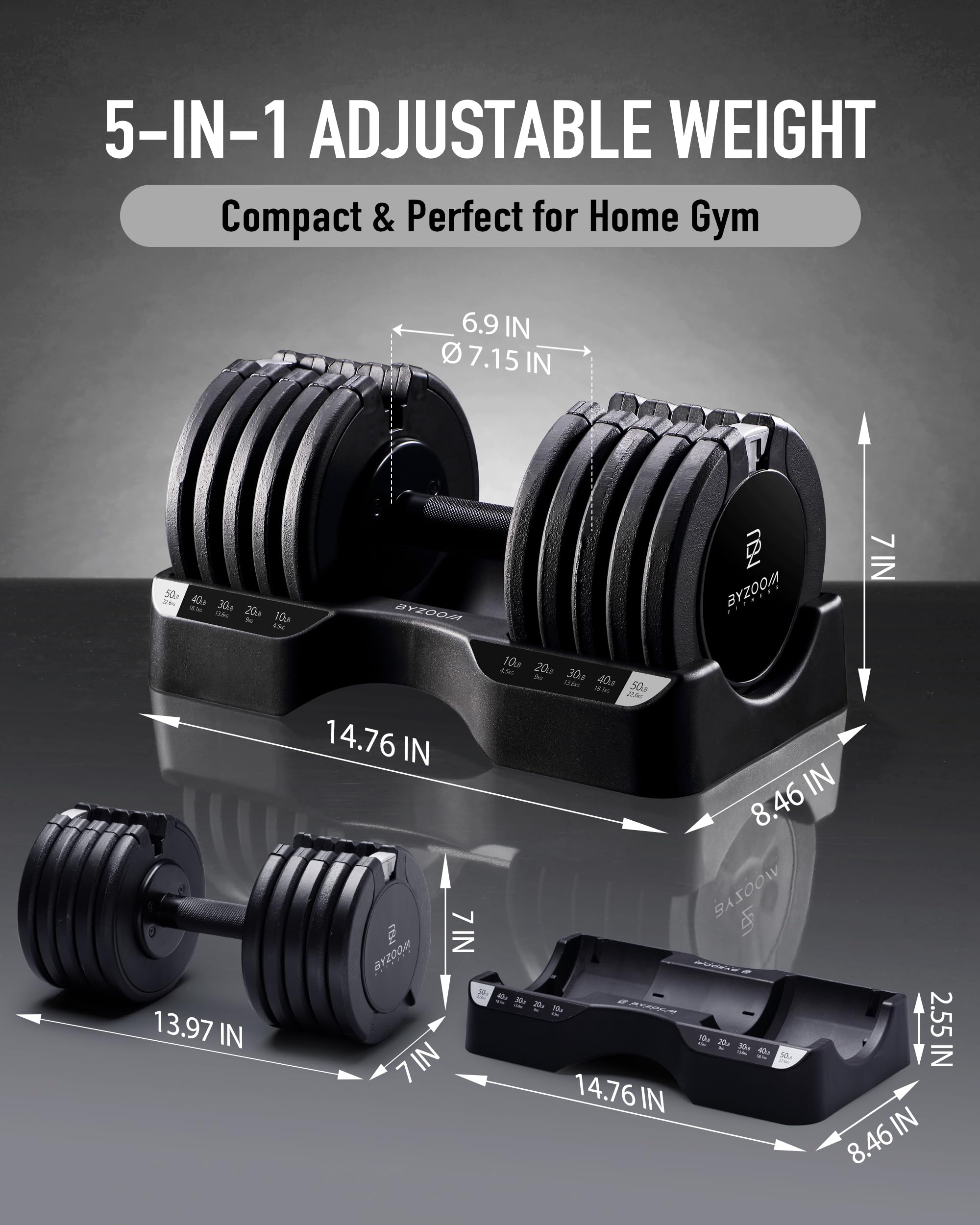 BYZOOM FITNESS Pure Series Adjustable Dumbbell - 12.5/25/27.5/50/55/75lb - ONE UNIT OR PAIR(check QTY before purchase) - 5-in-1/ 10-in-1 / 15-in-1 / 21-in-1 Flexible Hand Weights for Home Apartment Garage Gym, Strength Training & Fitness Workouts, White O