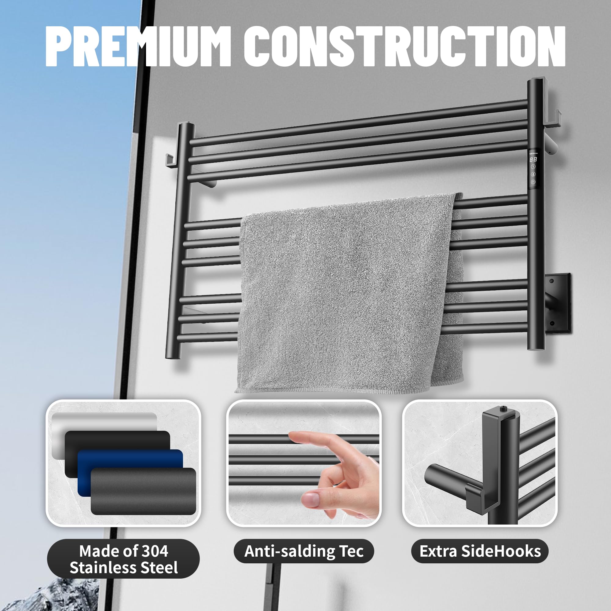 K&KALONZO Wall-Mounted 9-Bar Heated Towel Rack, Fast Heat in 2 Min, NTC Safety | 4 Timers & 3 Heat Levels Control, Plug-In/Hardwired, Top Hooks, Memory Function, Anti-Scald, Stainless Steel, EL13ML