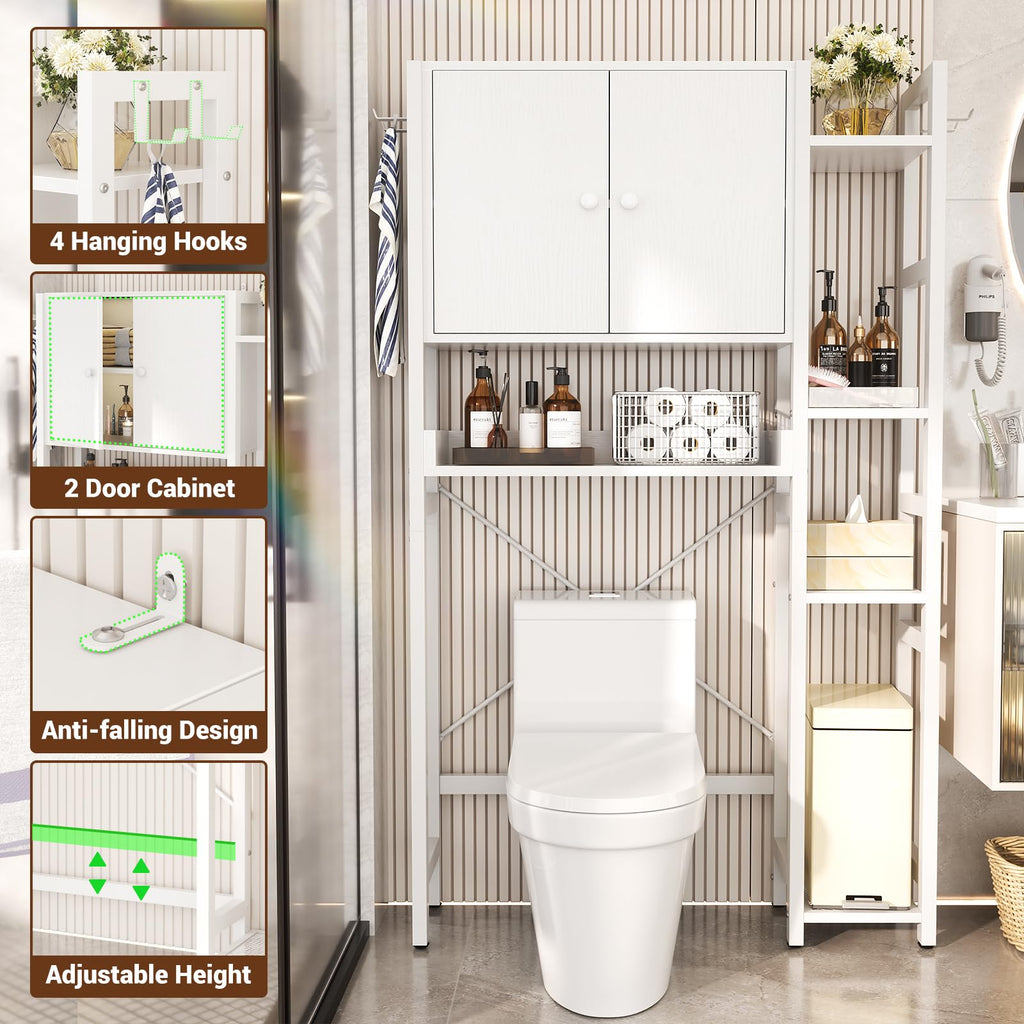 Over The Toilet Storage Cabinet with Doors - 7 Tier Bathroom Organizer with Adjustable Shelf, Freestanding Space Saver Rack Above Toilet Stand with 4 Hooks for Bathroom, Restroom, Laundry, Black