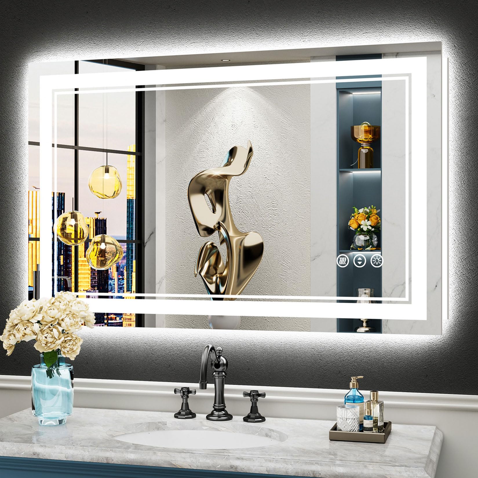 24x32 Black Framed LED Bathroom Mirror with Lights, Backlit and Front Lit Anti-Fog Lighted Vanity Mirrors for Bathroom Wall, Dimmable, 3 Colors, Memory, HD Tempered Glass, Horizontal/Vertical
