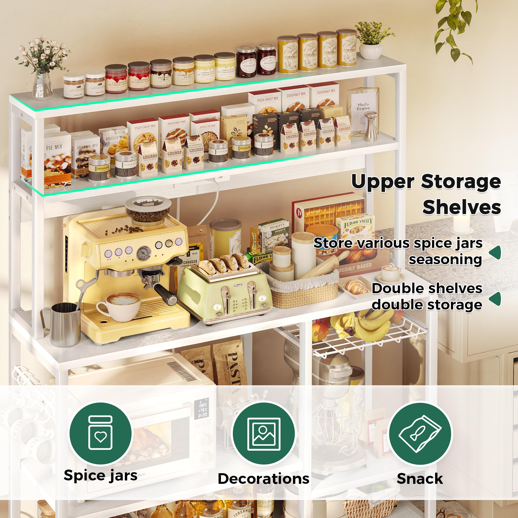 SUPERJARE Bakers Rack with Power Outlet, 35.4 Inches Coffee Bar with Wire Basket, Kitchen Microwave Stand with 6 S-Shaped Hooks, Open Storage Shelves, Black