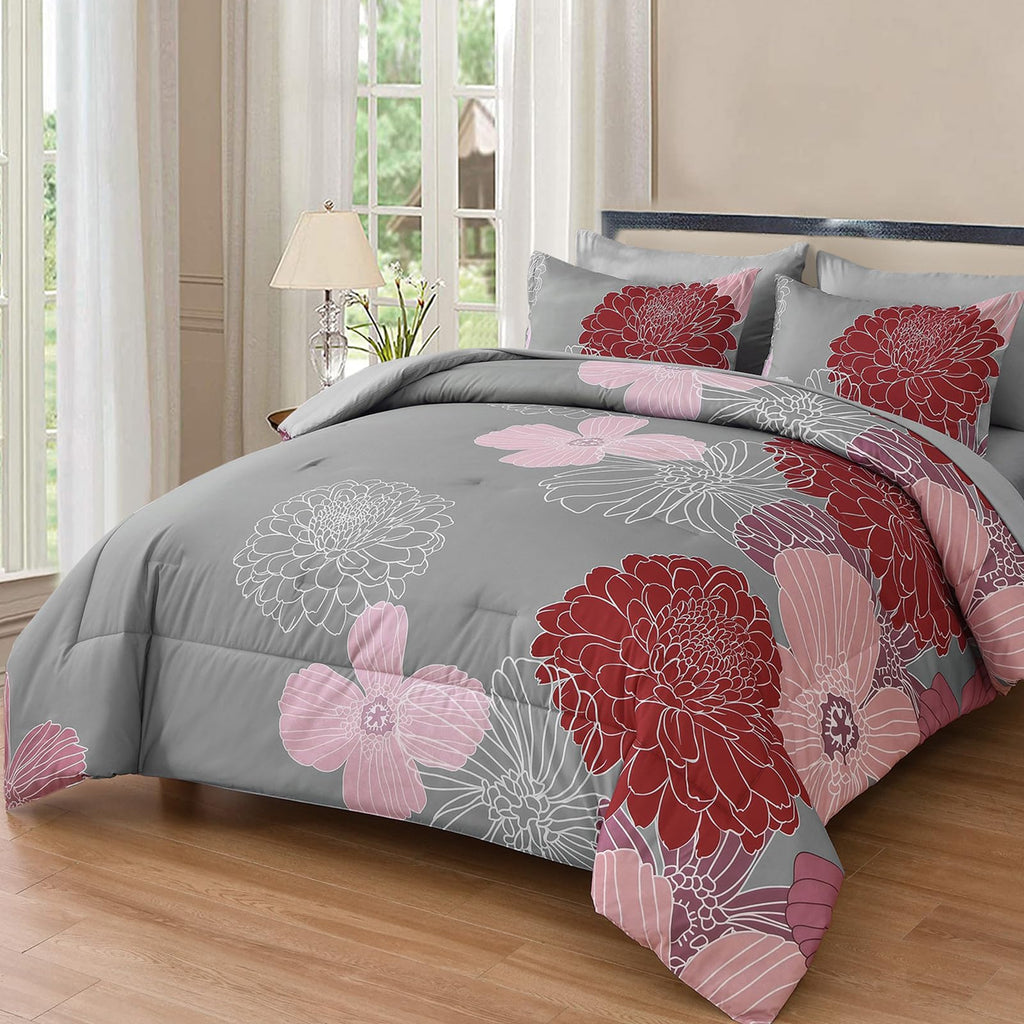 Yiran 7 Pieces Bed in a Bag Blue Floral Comforter Set Queen Size Flowers Comforter Set Soft Microfiber Bedding Set (1 Comforter 1 Flat Sheet 1 Fitted Sheet 2 Pillowshams 2 Pillowcases)