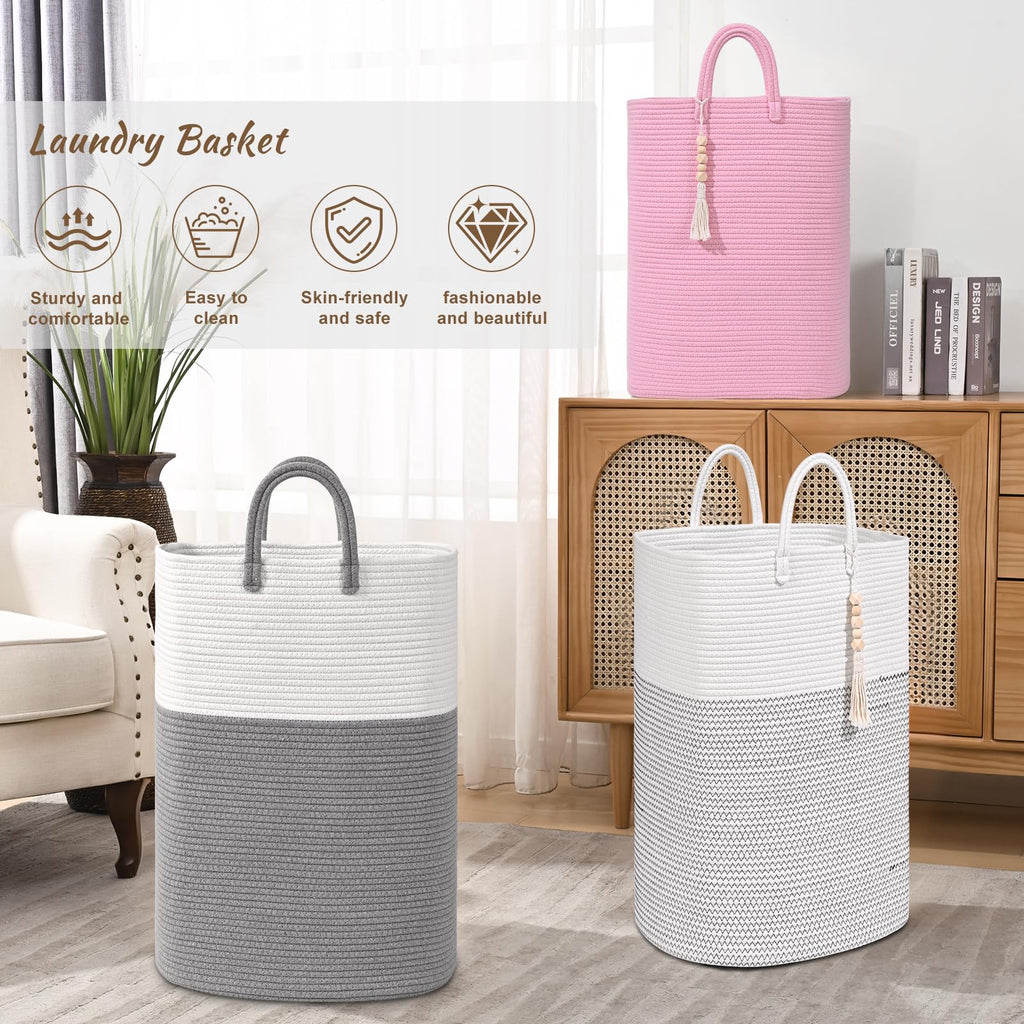 Woven Laundry Basket for Clothes, 50L Large Rectangle Laundry Hampers with Beads Tassel, Nursery Storage Basket for Toys, Tall Dirty Clothes Hamper for Bedroom Aesthetic, Laundry Room Organization