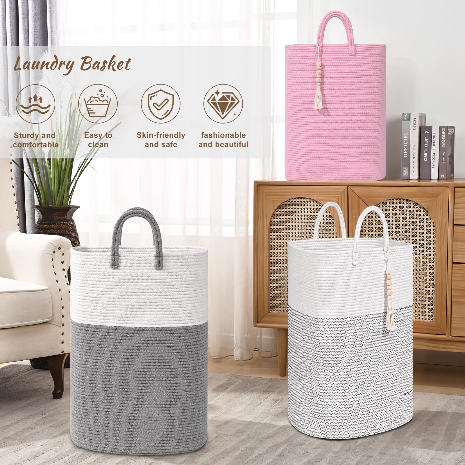 Woven Laundry Basket for Clothes, 50L Large Rectangle Laundry Hampers with Beads Tassel, Nursery Storage Basket for Toys, Tall Dirty Clothes Hamper for Bedroom Aesthetic, Laundry Room Organization