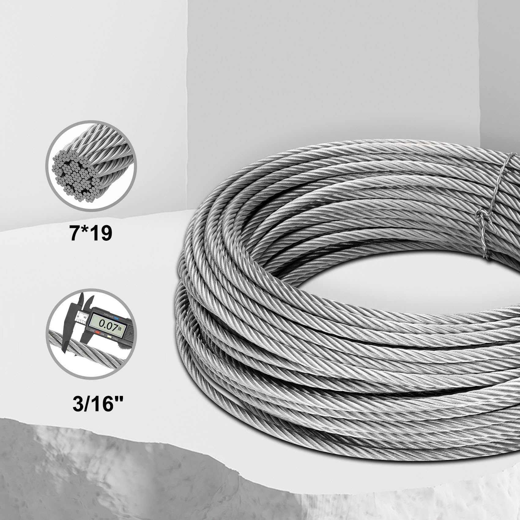 Thickened 3/16" 25ft Stainless Steel Cable with Wire Rope Clip, Thimble and Aluminum Crimping Loop Sleeve, 7X19 Strands Aircraft Cable, 3700lbs Breaking Strength for Deck Railing, String Lights