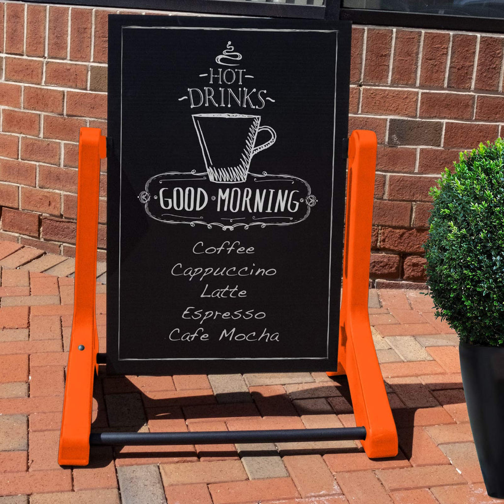 Swinging Changeable Message Sidewalk Sign: 24" x 36" Sign with 792 Pre-Cut Double Sided Letters and Storage Box. Includes Black Board & Letter Board (Black Color Legs)