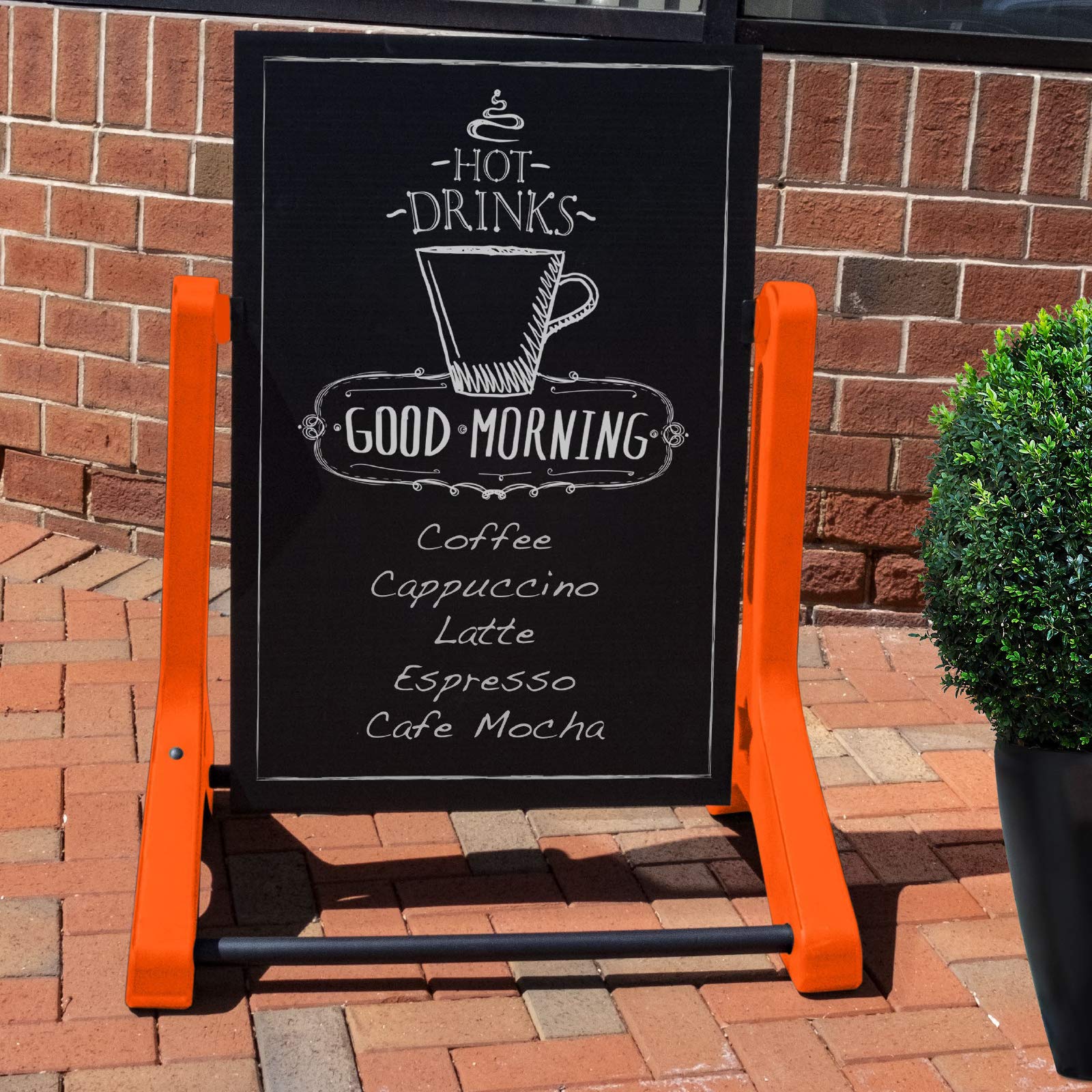Swinging Changeable Message Sidewalk Sign: 24" x 36" Sign with 792 Pre-Cut Double Sided Letters and Storage Box. Includes Black Board & Letter Board (Black Color Legs)