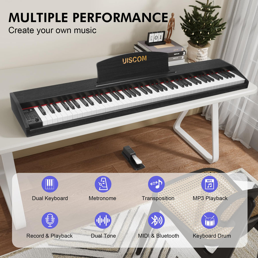 UISCOM Digital Piano Keyboard for Beginners, Full Size 88 Key Semi-Weighted Keyboard Electric Piano with Stand,Power Adapter,Sheet Music Stand,Pedal,Headphone,USB-MIDI Compatible,Wood Grain Apricot