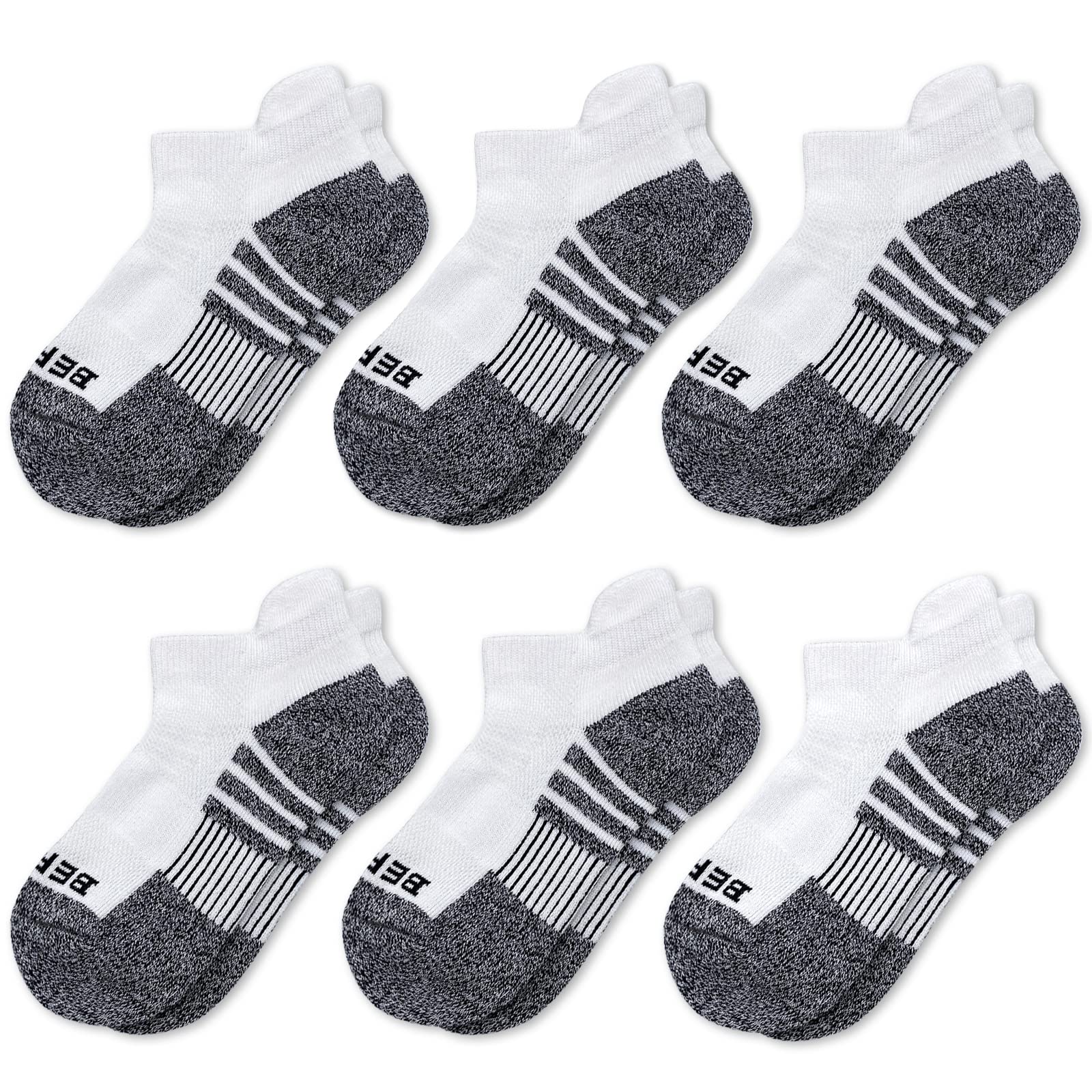 BERING Kids' Athletic Cushion Ankle Socks 6 Pairs Low Cut Heel Tab for Youth Big Boys Girls