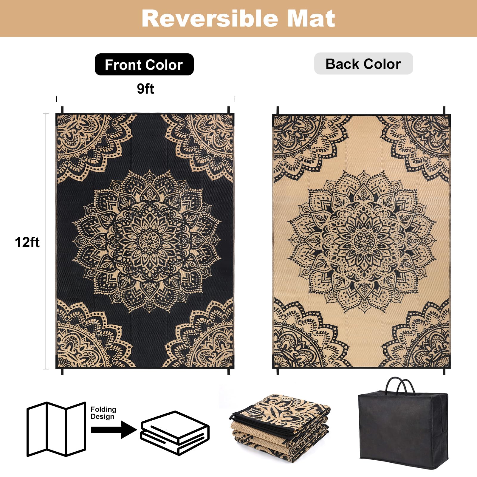 Yamaziot Waterproof Outdoor Rug 5x8 ft, Reversible Plastic Straw Rug for Patio Clearance, Camping, RV Mat, Outside Rug Carpet for Porch, Deck, Backyard, Balcony, Picnic,Black Brown