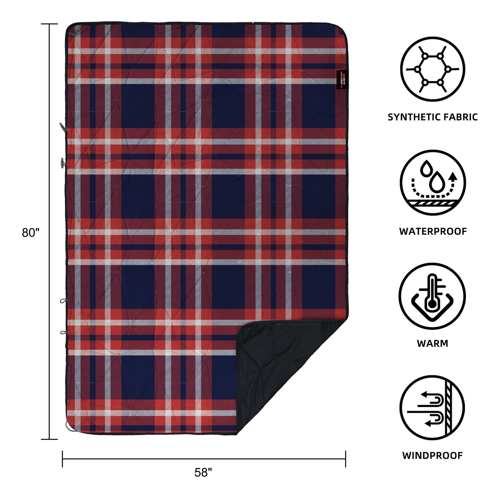 Large Outdoor Waterproof Blanket Extra Thick Fleece Stadium Blanket for Camping, Car, Pet, Picnics - Windproof, Wearable, Machine Washable 80" x 58" (Black Check)