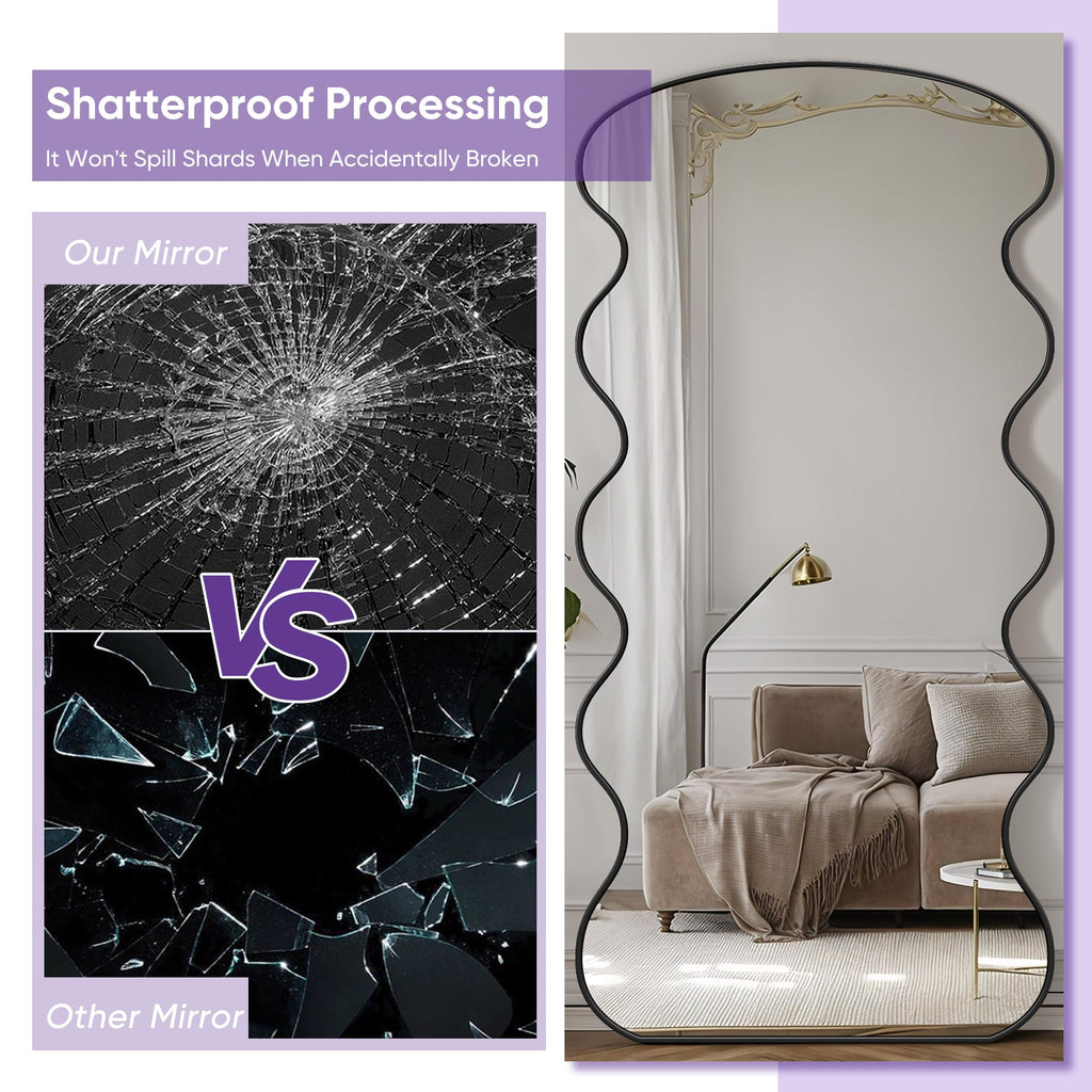Full Length Mirror, 76"x34" Wavy Floor Mirror Freestanding, Floor Standing Full Body Mirror with Stand for Bedroom, Hanging Mounted for Living Room Cloakroom, Black