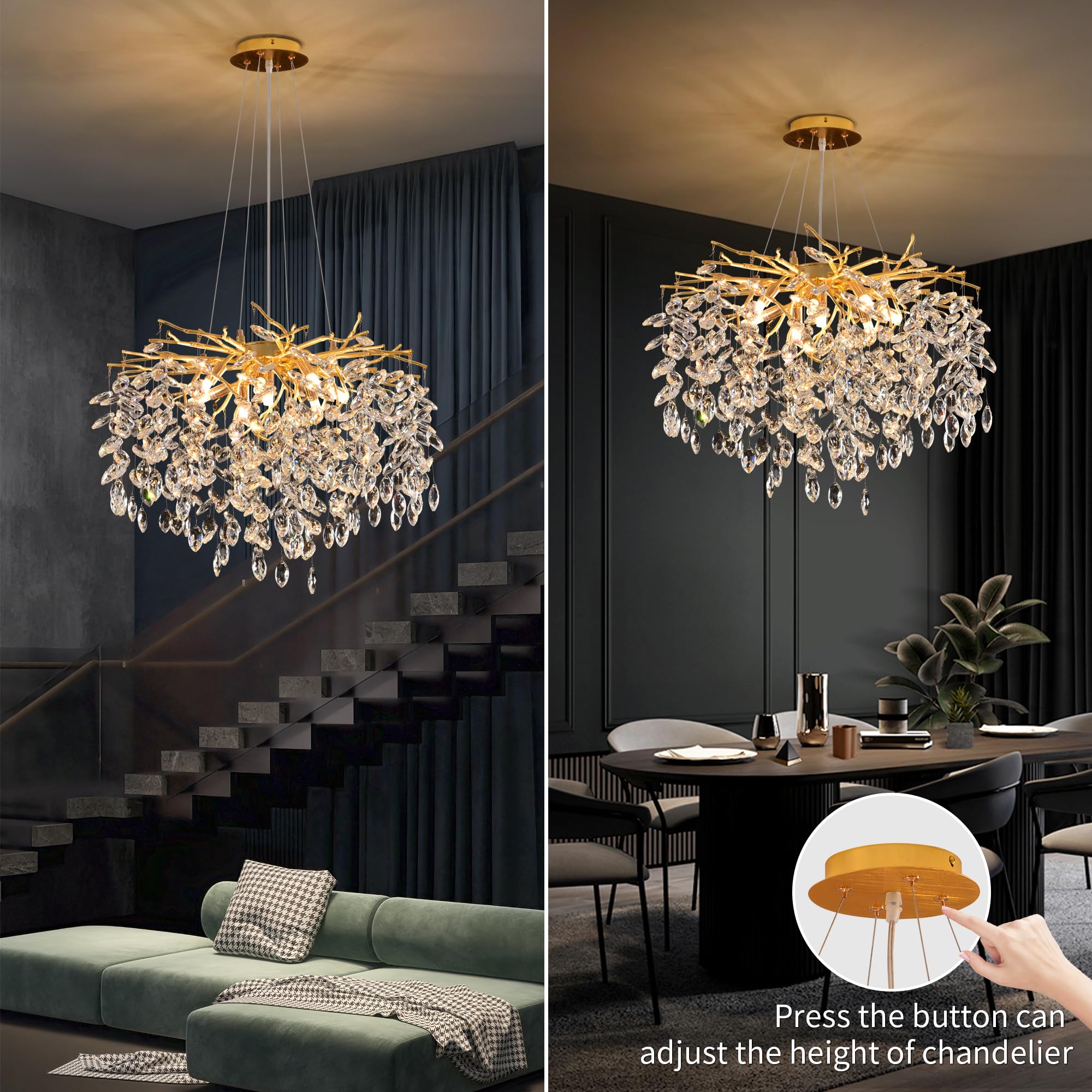 Modern Crystal Raindrop Chandelier, L40'' Black Linear Rectangle Art Deco Tree Branch Lighting Fixture for Kitchen Island Living Room Foyer Staircase 10 Lights