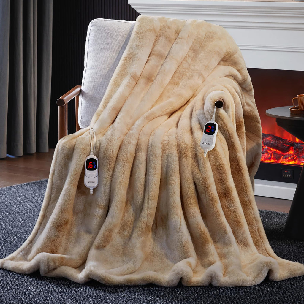Guohaoi Heated Blanket Electric Throw, Soft Faux Rabbit Fur Electric Blanket with 10 Heating Levels 5 Sitting Timer Auto Off, Cozy Warm Heating Blankets, Machine Washable(50"×60" Beige)