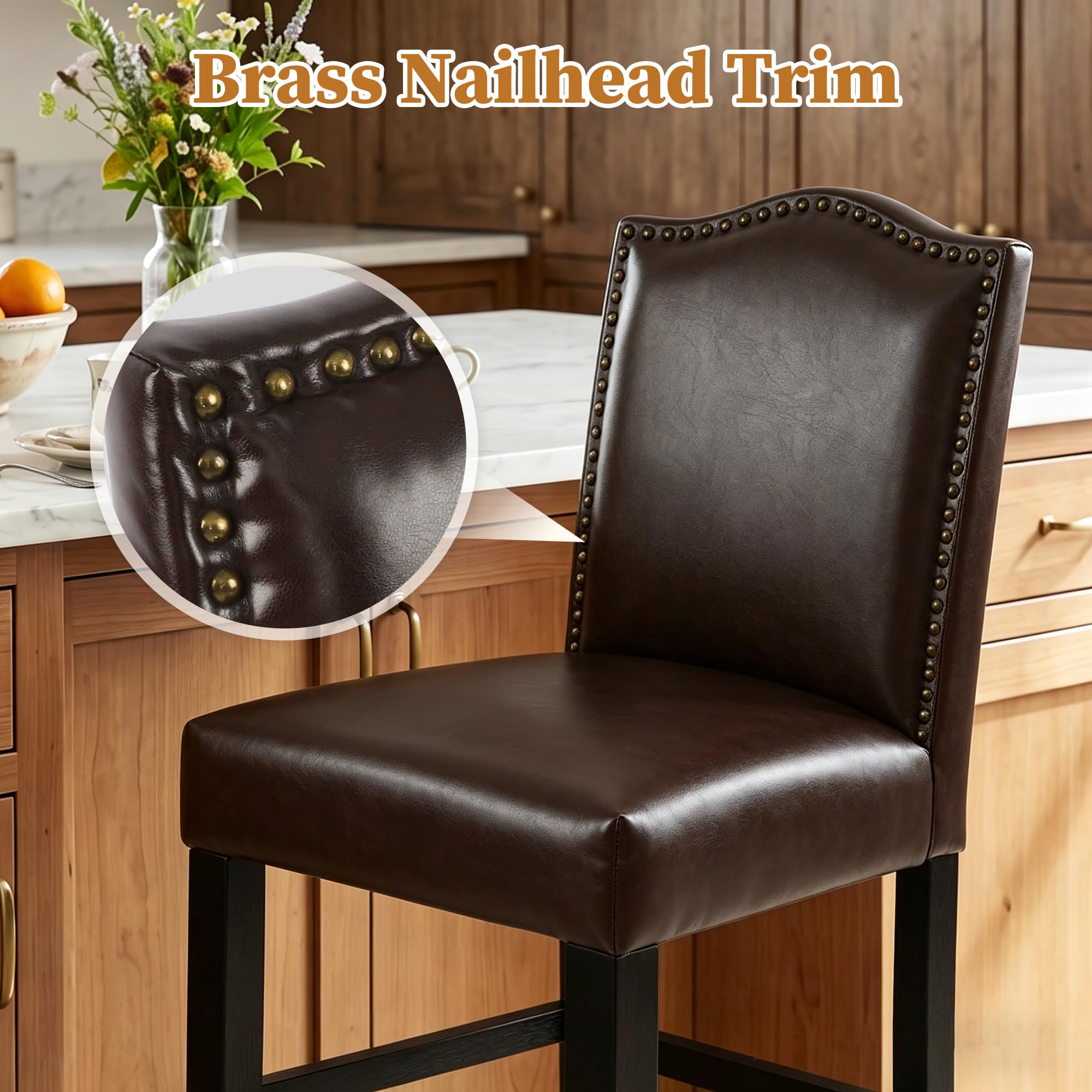 LSSPAID Counter Height Bar Stools Set of 2, 24.8 Inch Modern Upholstered Fabric Barstools, Kitchen Island Chairs with Bronze Nail Backrest and Solid Wood Legs for Kitchen Pub Home Cafe, Beige