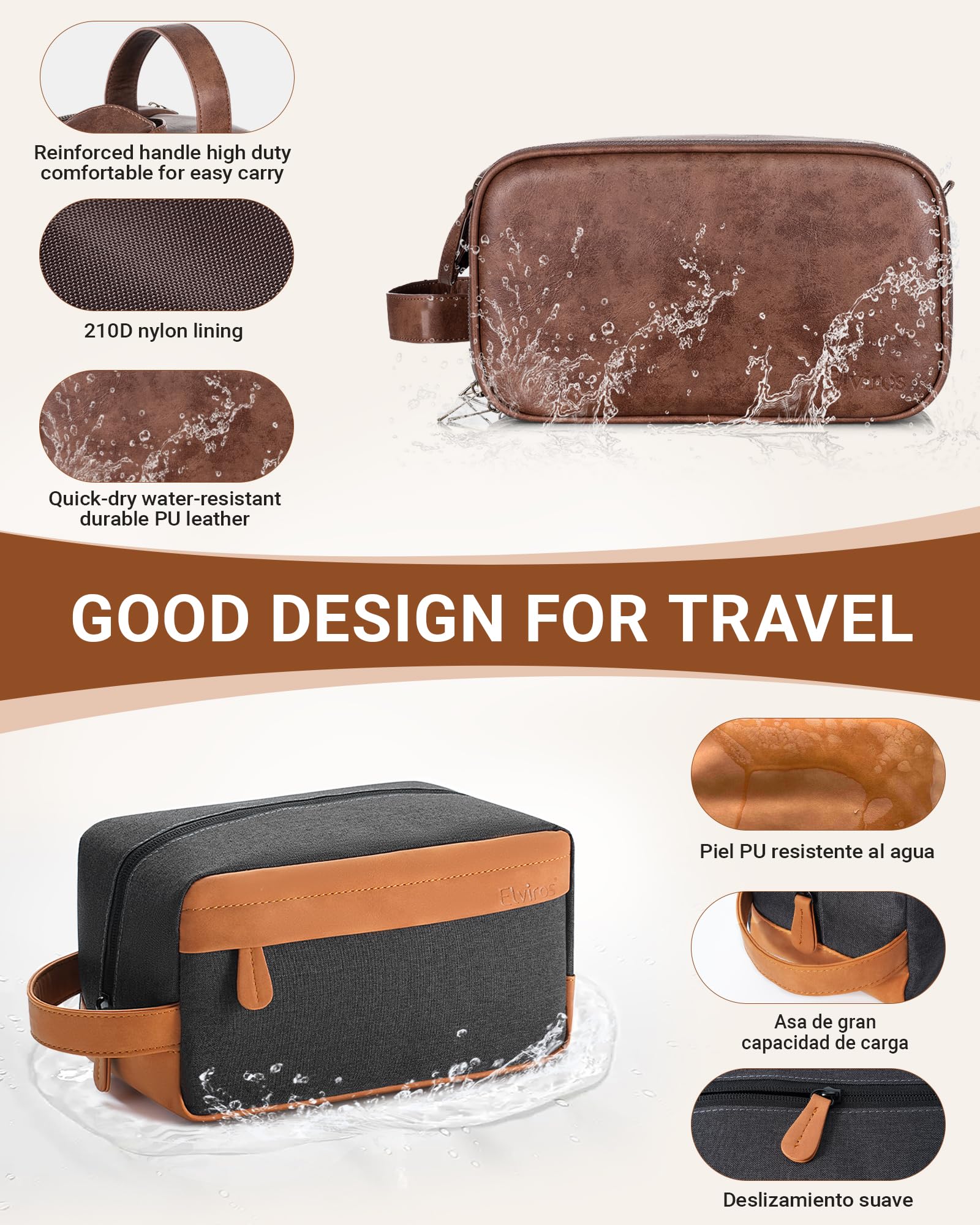 Elviros Travel Toiletry Bag for Men, Shaving Dopp Kit Water-resistant Bathroom Small Toiletries Organizer PU Leather Cosmetic Bags