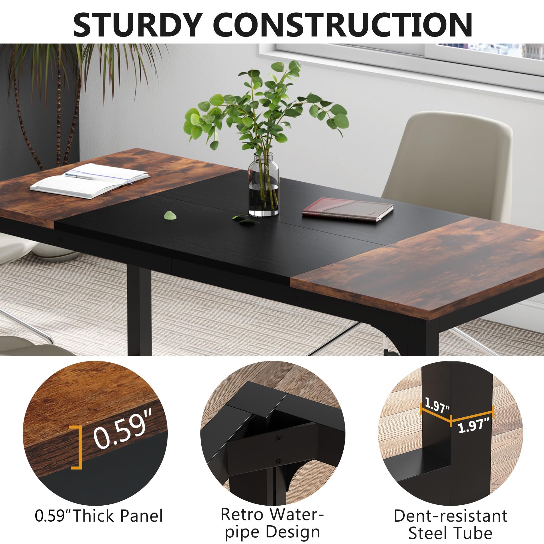 Tribesigns 63” Executive Desk, Large Office Computer Desk with Thicken Frame, Modern Simple Workstation Business Furniture for Home Office, Rustic Brown/Black