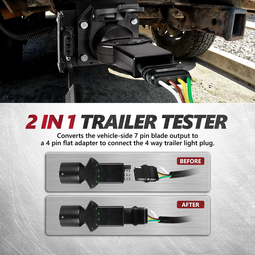 OPT7 7 Pin & 4 Pin Circuit Tester Adapter w/ 6 LED Indicators, 7 Way Blade to 4 Way Flat Trailer Connector w/Secure Tab for Pickup Truck Trailer Tow Hitch, 5.3" Long x 2.36" Diameter
