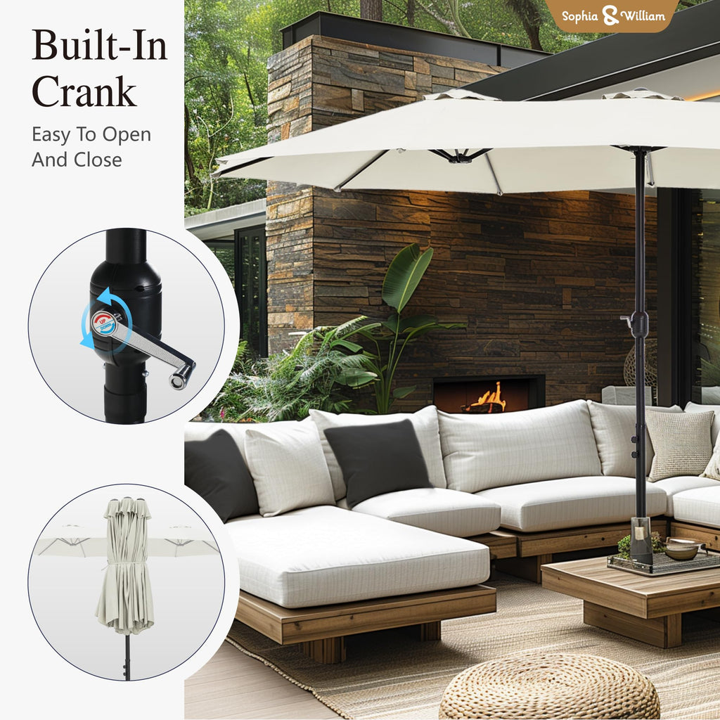 Sophia & William 15 ft Extra Large Patio Umbrella with Base Included, Rectangular Outdoor Umbrella Heavy Duty, Market Umbrella Double-sided Fade Resistant for Pool Garden Backyard, Beige