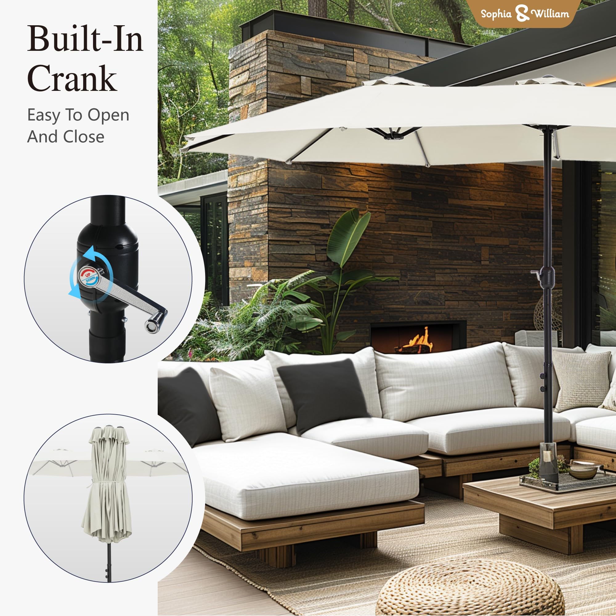 Sophia & William 15 ft Extra Large Patio Umbrella with Base Included, Rectangular Outdoor Umbrella Heavy Duty, Market Umbrella Double-sided Fade Resistant for Pool Garden Backyard, Beige