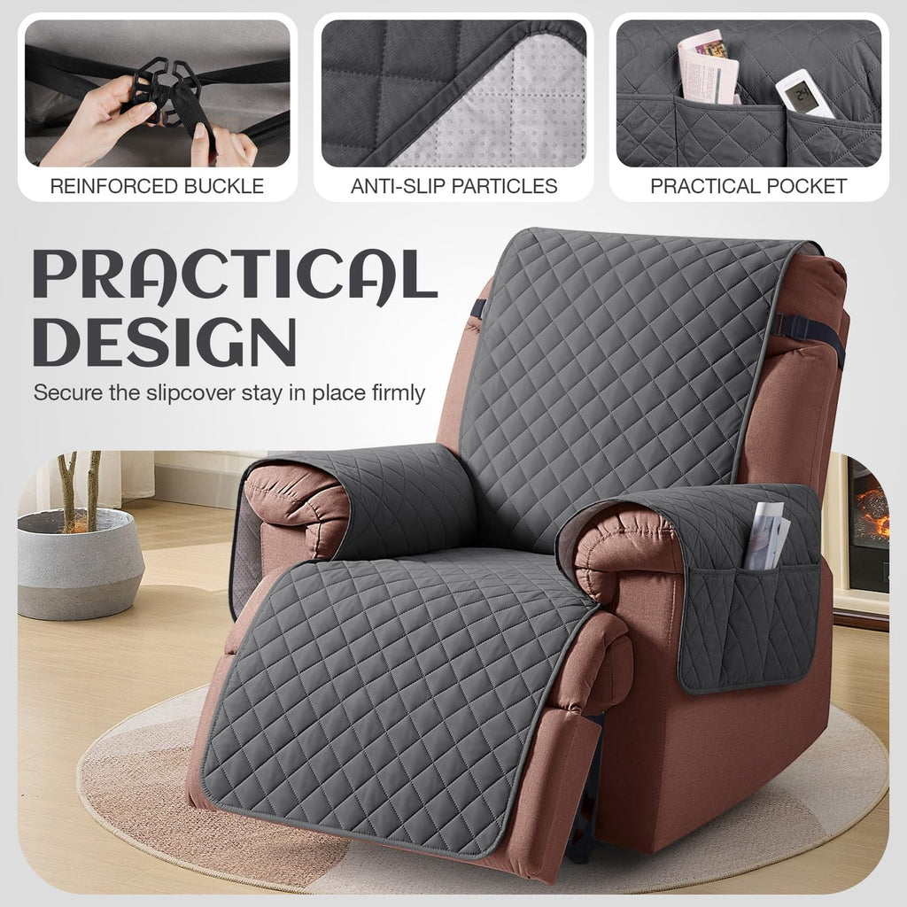 KinCam 100% Waterproof Recliner Chair Cover, Reclining Couch Covers for Pets, Dogs, Recliner Couch Slipcover Furniture Protector with Elastic Straps for Kids(23.6", Beige White)