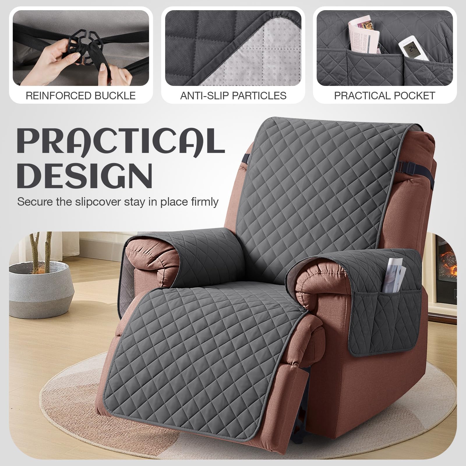KinCam 100% Waterproof Recliner Chair Cover, Reclining Couch Covers for Pets, Dogs, Recliner Couch Slipcover Furniture Protector with Elastic Straps for Kids(23.6", Beige White)