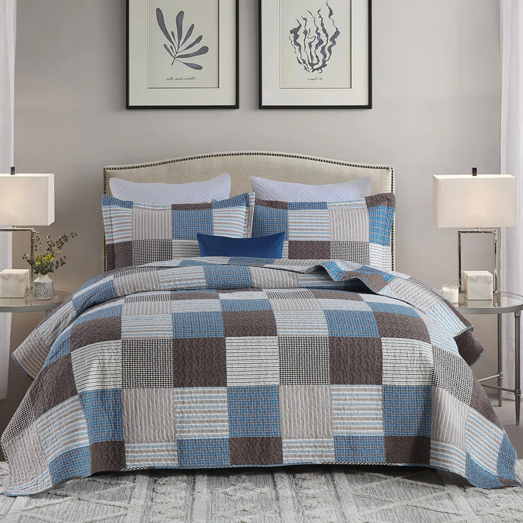 Y-PLWOMEN 100% Cotton Farmhouse Plaid Lightweight 3-Pieces Quilt Set (Blue Brown, Queen90 * 98 Inch)
