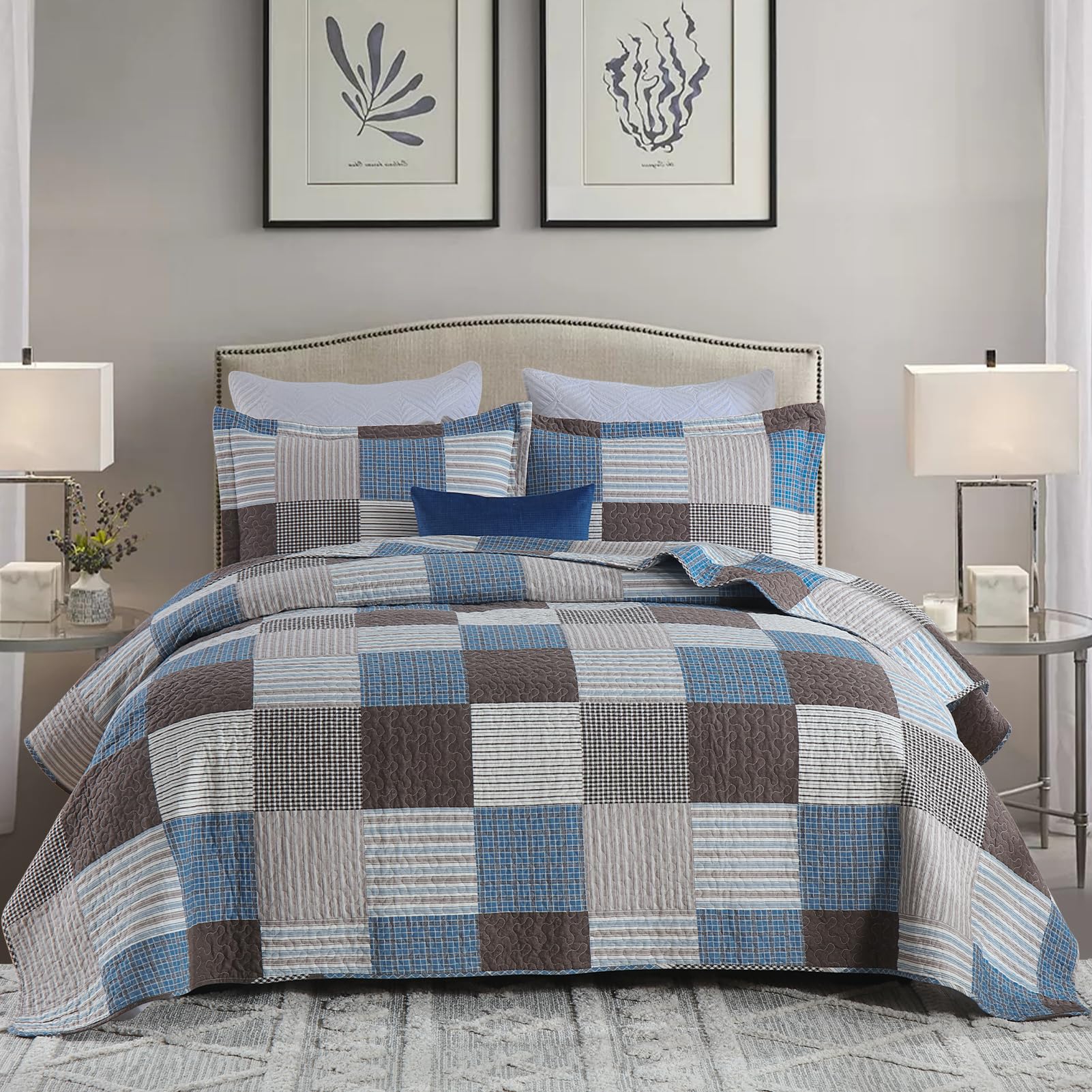 Y-PLWOMEN 100% Cotton Farmhouse Plaid Lightweight 3-Pieces Quilt Set (Blue Brown, Queen90 * 98 Inch)