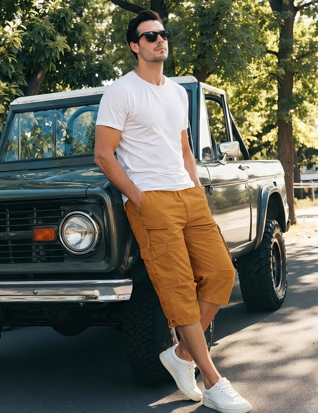 EKLENTSON Men's Cargo Shorts Casual Twill Elastic 3/4 Capri Pants Below Knee Long Shorts with 7 Pockets