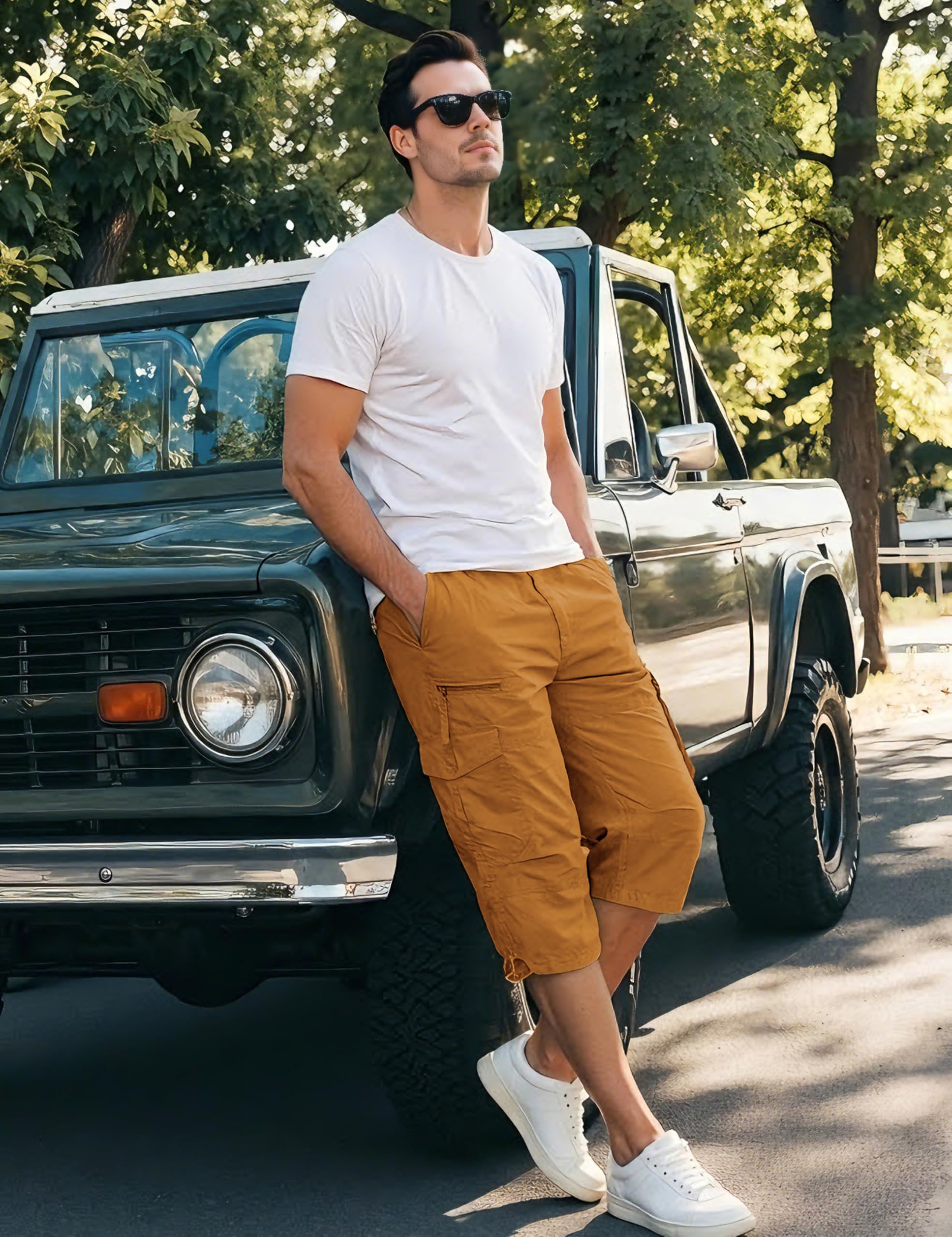 EKLENTSON Men's Cargo Shorts Casual Twill Elastic 3/4 Capri Pants Below Knee Long Shorts with 7 Pockets