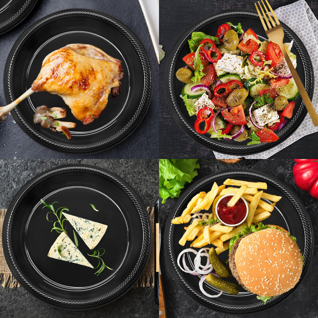 50 Pcs Black Plastic Plates, 10 Inch Black Plates, Black Party Plates Disposable for Birthday Weddings Fathers Day World Cup