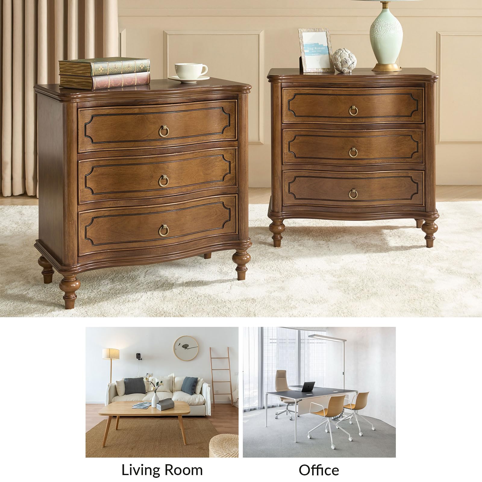 HULALA HOME Traditional Side Table with 3 Drawers, Tall Side Table with Curved Front Profle Desgin, Charging Station, Solid Wood Legs, Black