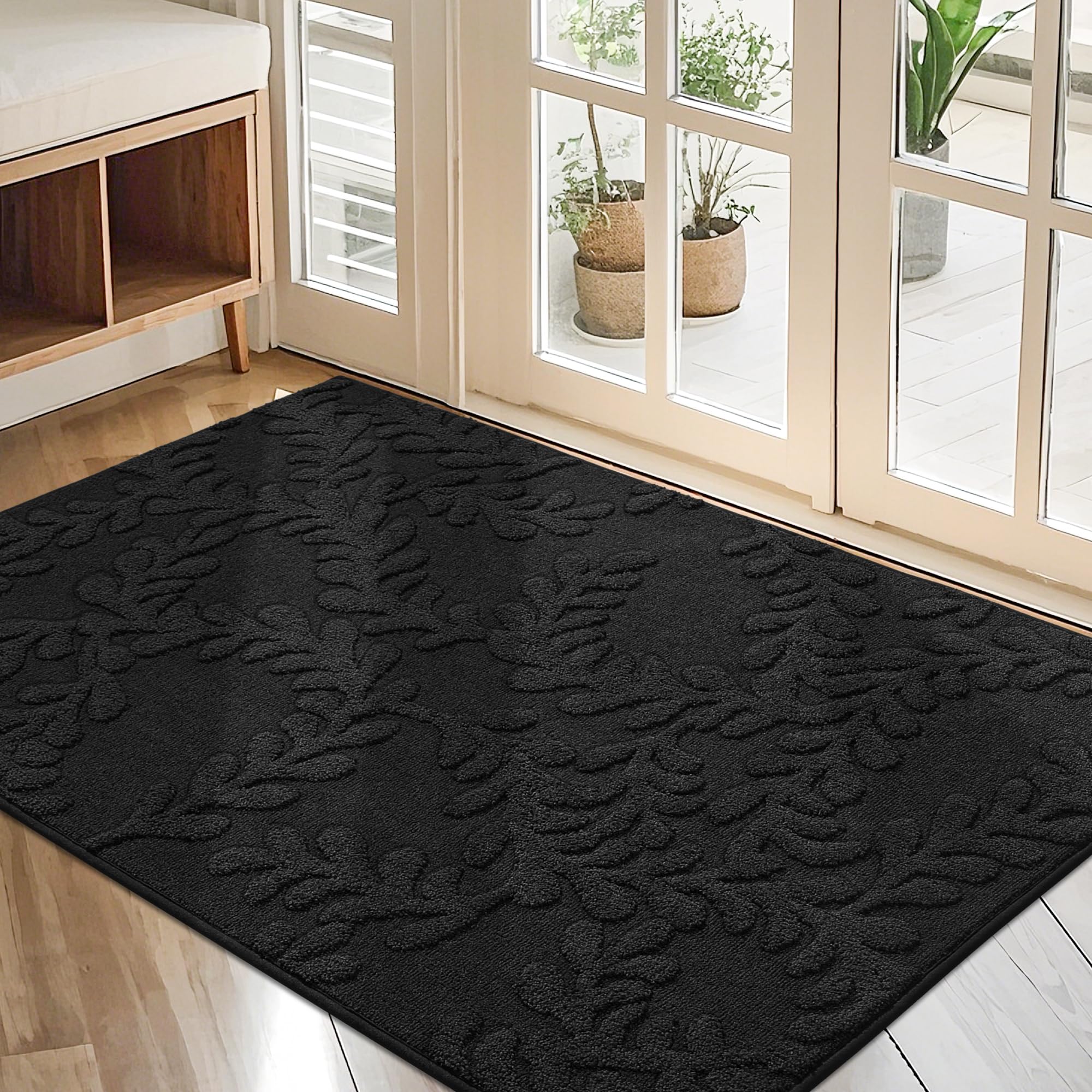 BEQHAUSE Door Mats 20”x32”, Non-Slip TPR Backing Entryway Doormat, Super Absorbent Welcome Mat for Front Door, Mud Shoes & Paws, Washable Entry Rugs, Black
