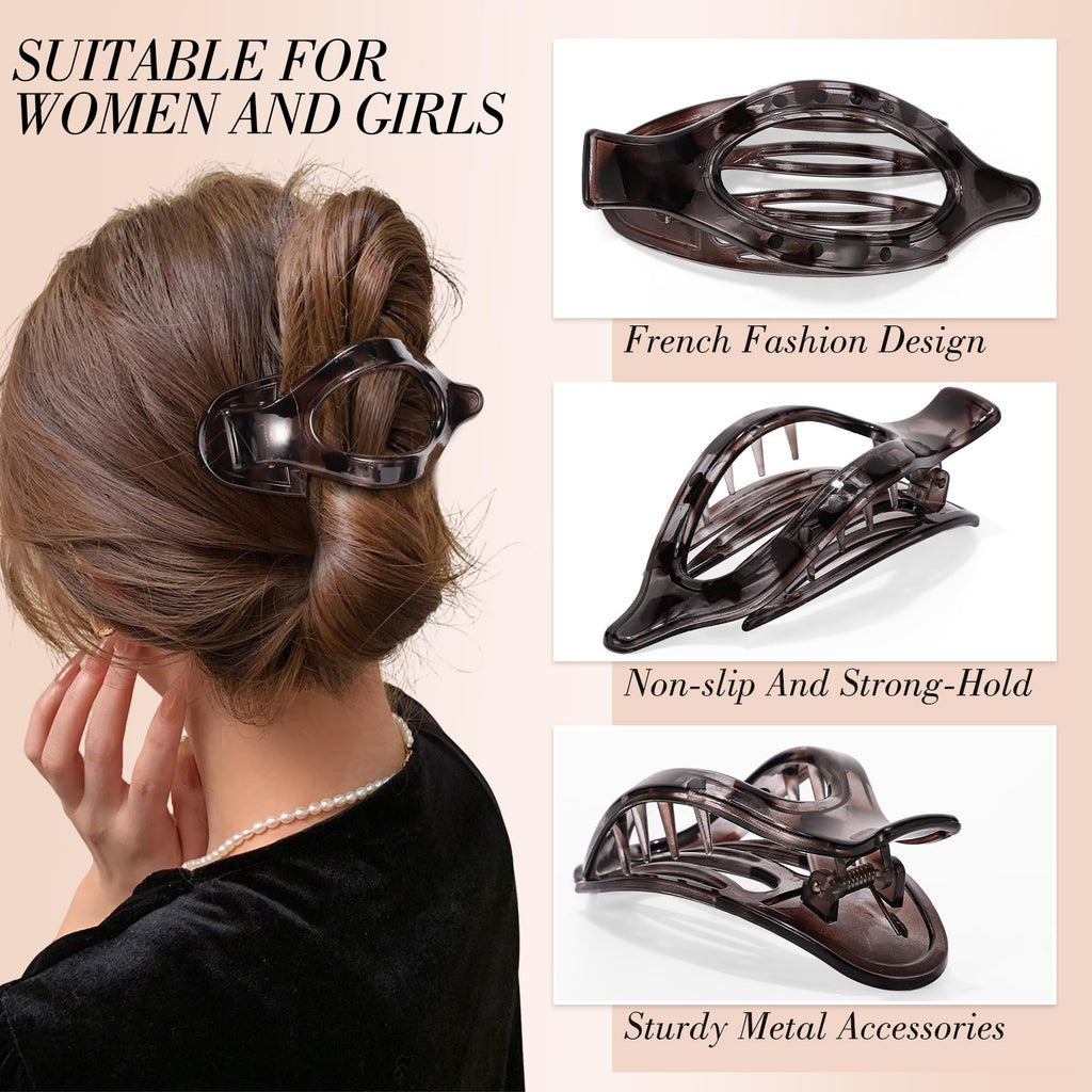 Obeoby 8 Pcs Flat Claw Clips for Women, Strong Hold French Flat Hair Clips for Thick Thin Hair Barrettes Accessories Round Large Medium (Tortoiseshell)