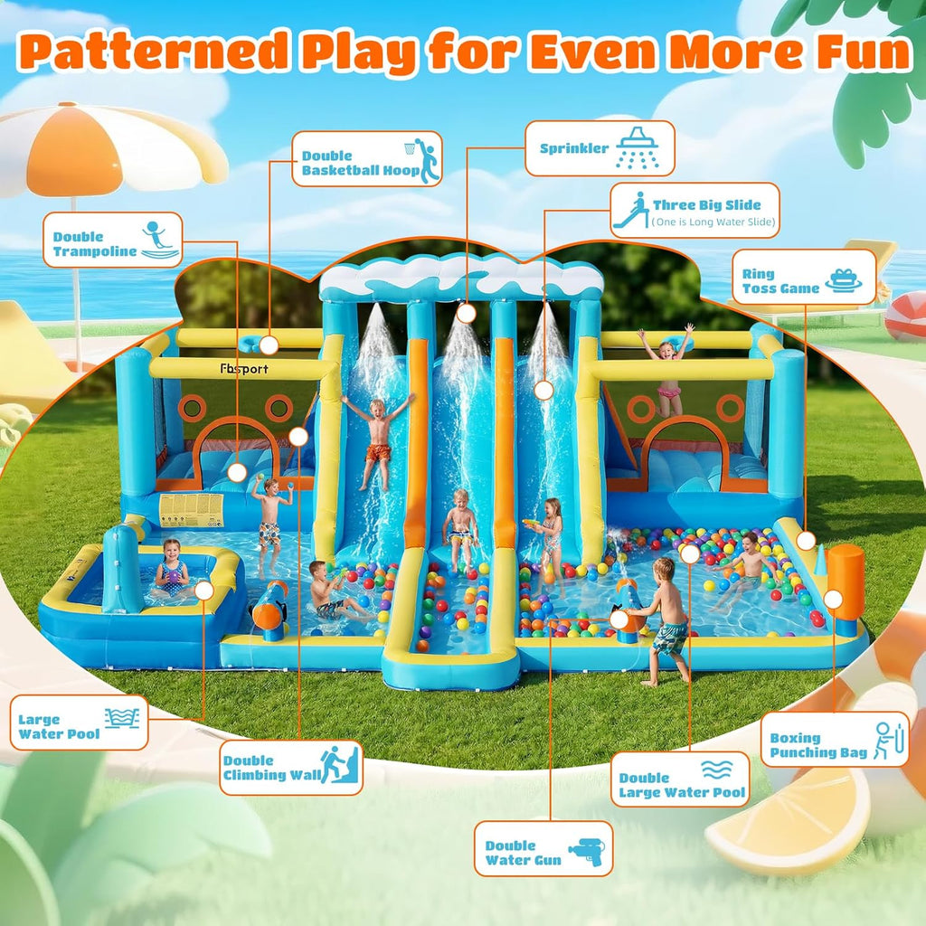 FBSPORT Inflatable Bounce House Water Slide, 3 Slides & 2 Bouncers 10-in-1 Water Slide Park Bounce House with 950W Blower, Bouncy Castle for Kids Backyard Party Outdoor, with Water Gun, Splash Pool