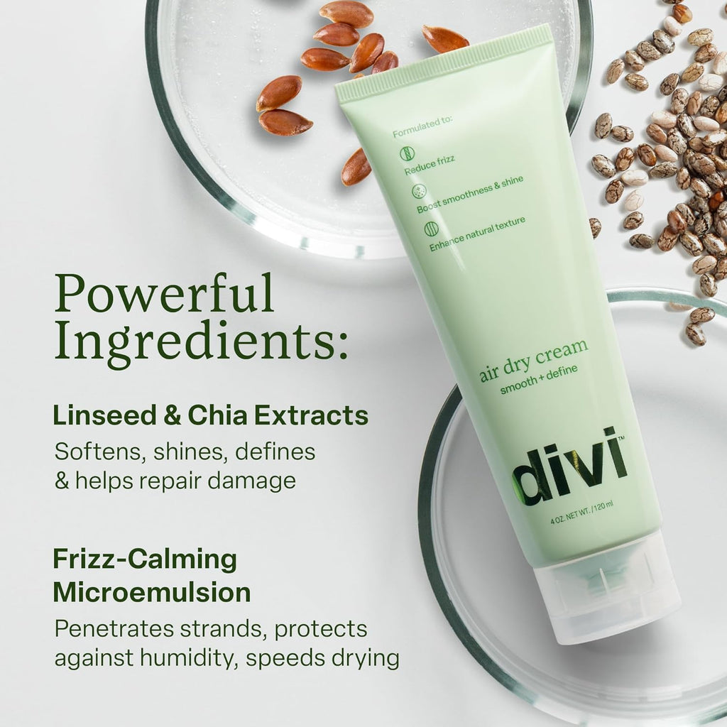 Divi Air Dry Styling Cream for Curly, Wavy & Frizzy Hair, Smooths, De-Frizzes, & Defines Strands for Up to 24 Hours, Adds Major Softness, Shine & Natural Style, 4 Oz