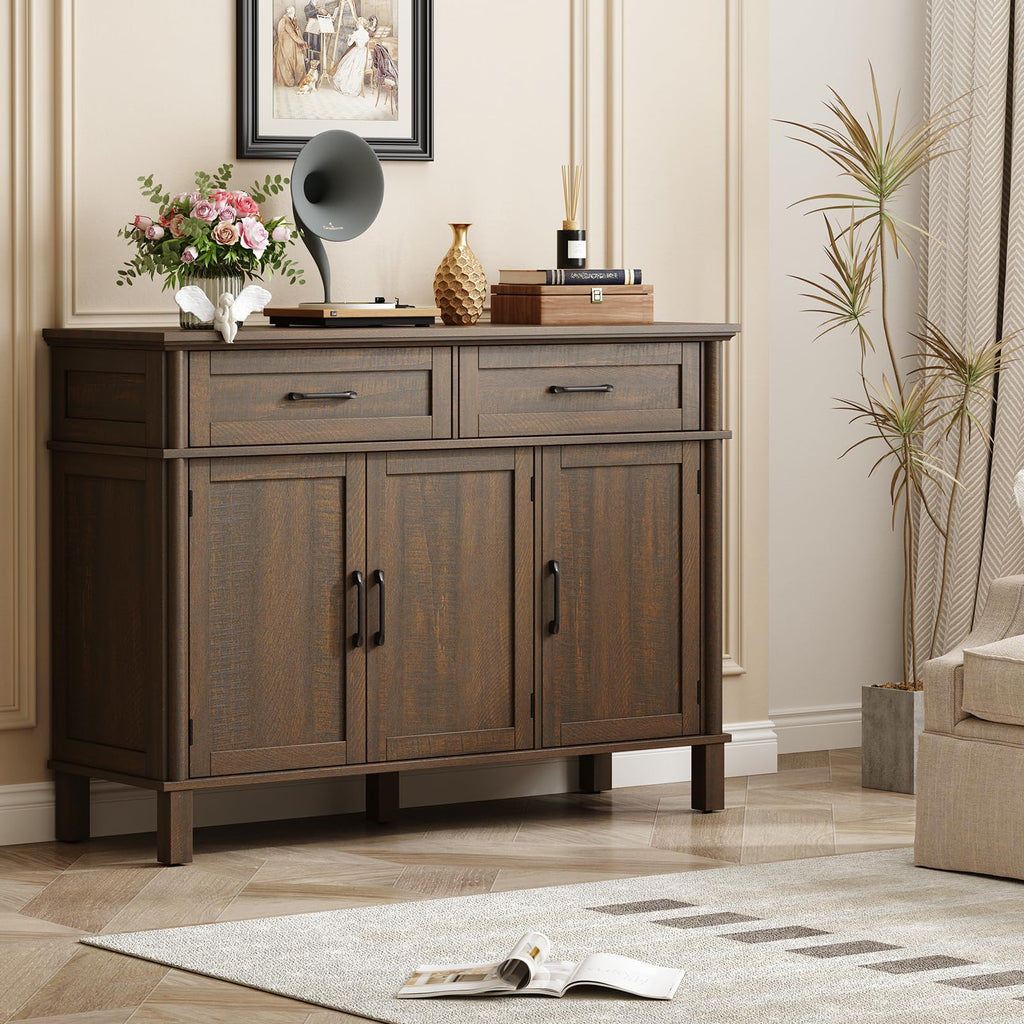 ONBRILL 48 Inches Buffet Cabinet with Storage, Farmhouse Sideboard Buffet w/2 Drawers and 3 Doors, Wood Coffee Bar Cabinet with Adjustable Shelves, Sideboard Storage for Kitchen, Living Room, Black