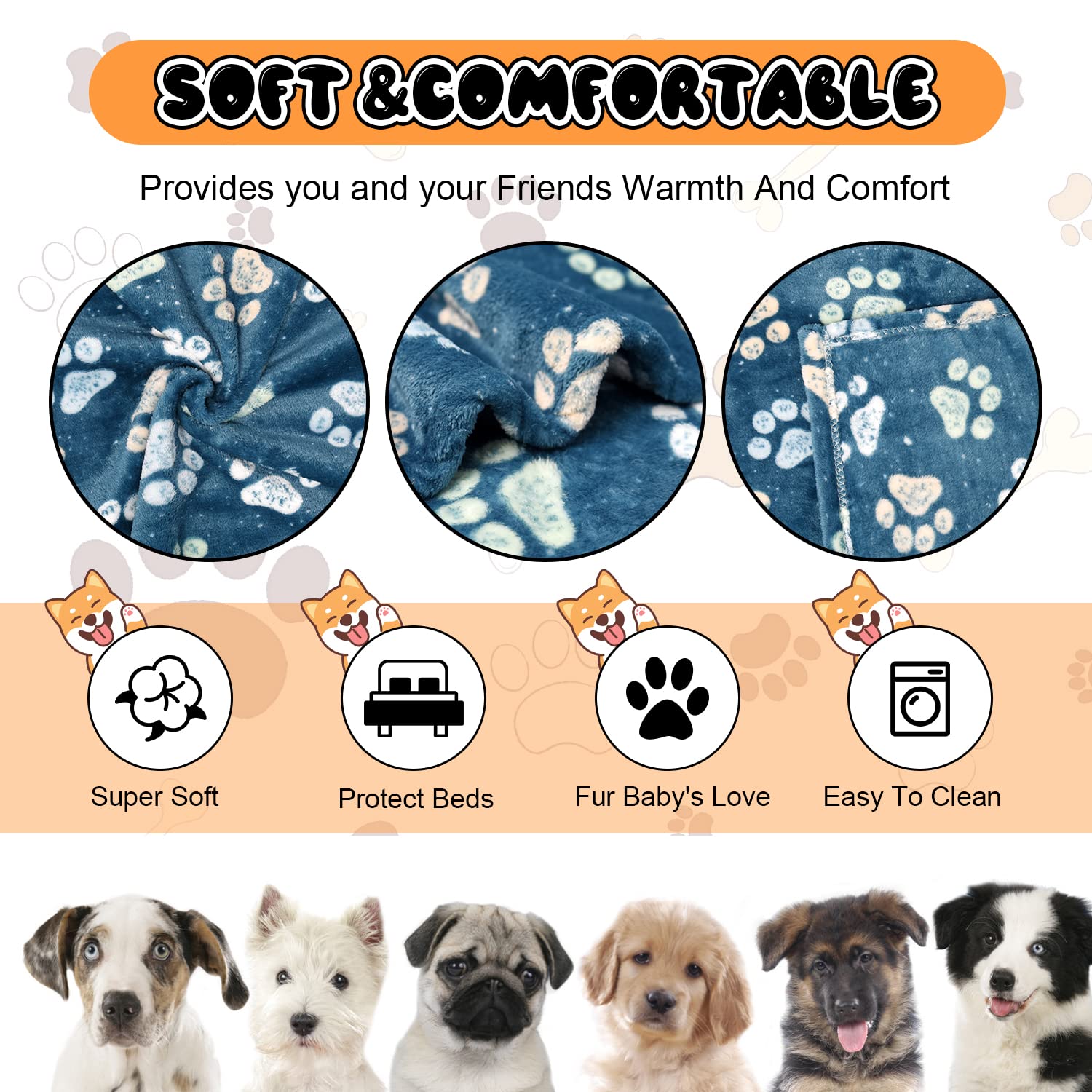 Rezutan 1 Pack 3 Dog Blanket for Large Dogs,41x31 inch for Medium Soft Fluffy Washable Pet Cat Blankets,Reversible Elephant & Paw Print for Dog Kennels & Beds, Sofas, Blue