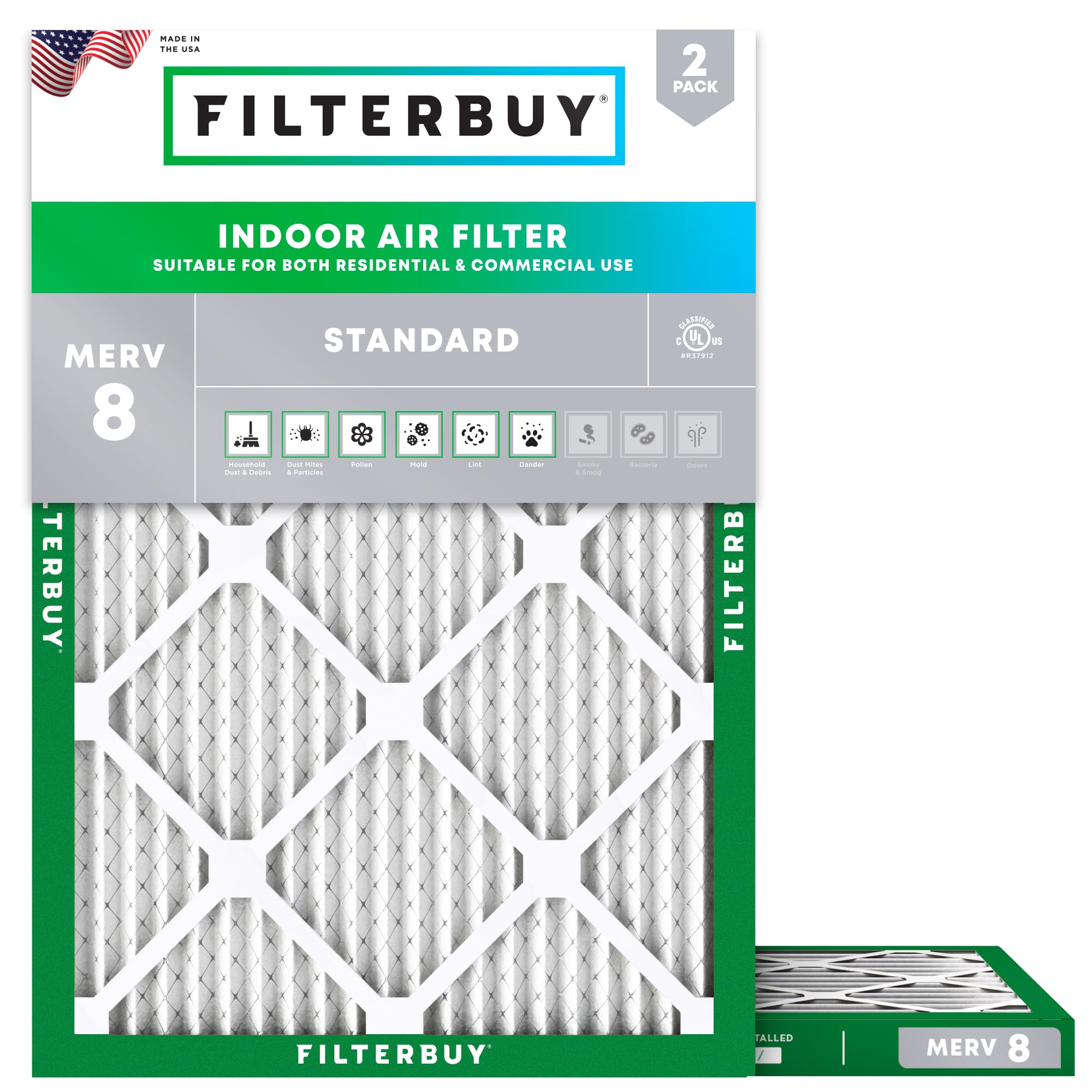 Filterbuy 8x14x1 Air Filter MERV 8 Essential Dust & Allergy Defense (2-Pack), Electrostatic Pleated HVAC AC Furnace Filters Replacement, Made in USA (Actual Size: 7.50 x 13.50 x 0.75)