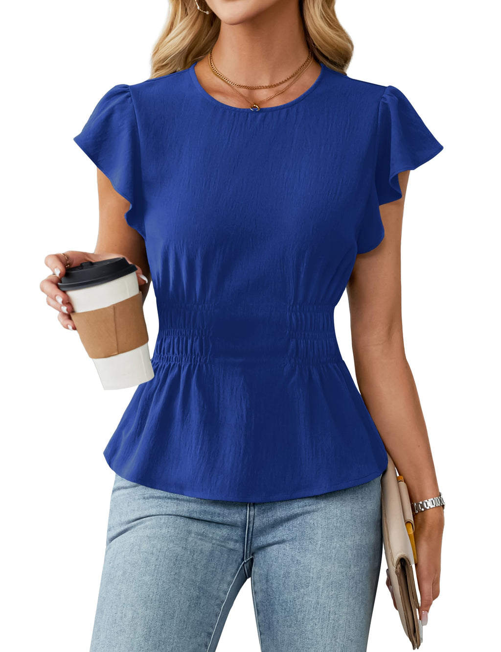 Blooming Jelly Women's Dressy Casual Blouses Business Ruffle Short Sleeve Tops Summer Crew Neck Smocked Shirts