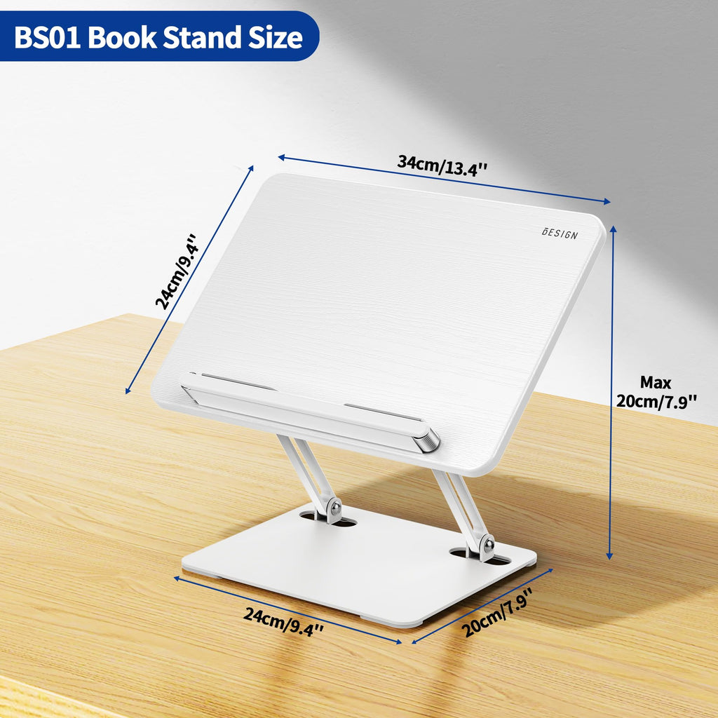 BESIGN BS01 Book Stand for Reading, Adjustable Book Holder, Ergonomic Laptop Stand with Elastic Page Clips for Music Scores, Recipe, Tablet, Laptop (Black)