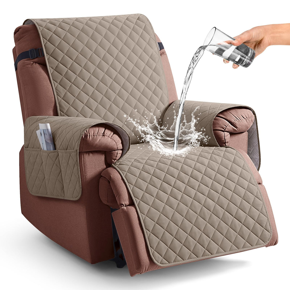 KinCam 100% Waterproof Recliner Chair Cover, Reclining Couch Covers for Pets, Dogs, Recliner Couch Slipcover Furniture Protector with Elastic Straps for Kids(23.6", Beige White)