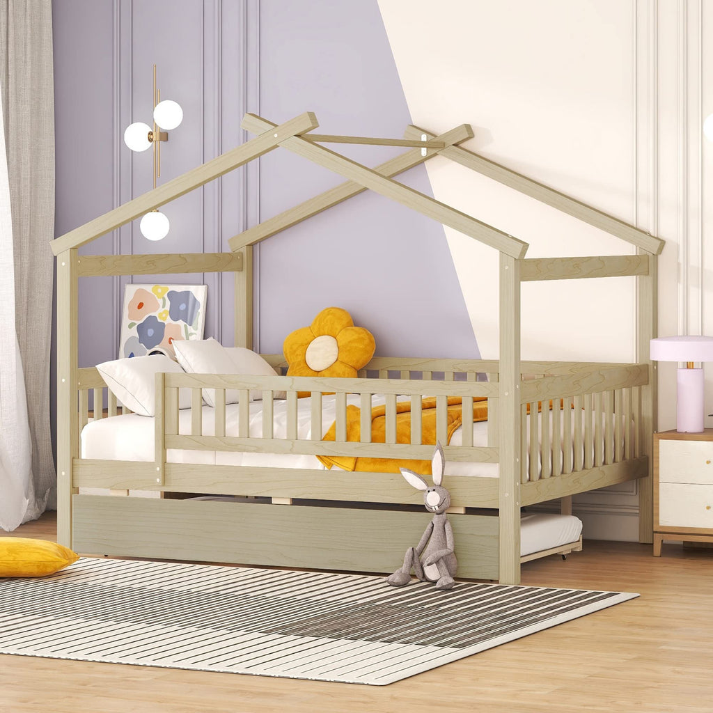 Merax Twin Size Wooden House Bed with Two Drawers, Wood Bed Frame with Roof for Kids, Teens, Boys or Girls, Grey