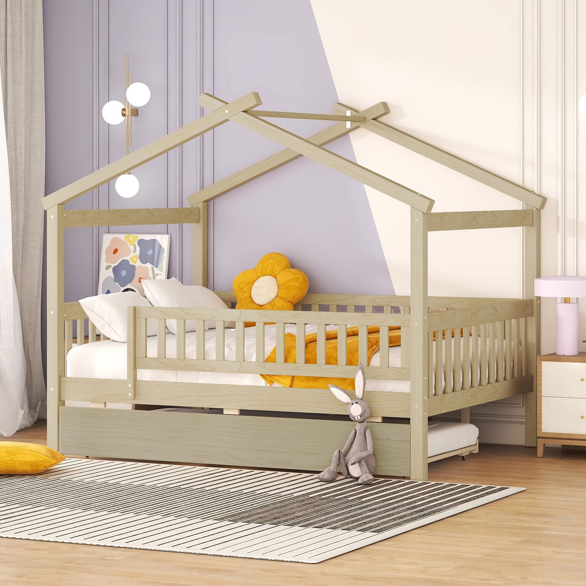 Merax Twin Size Wooden House Bed with Two Drawers, Wood Bed Frame with Roof for Kids, Teens, Boys or Girls, Grey